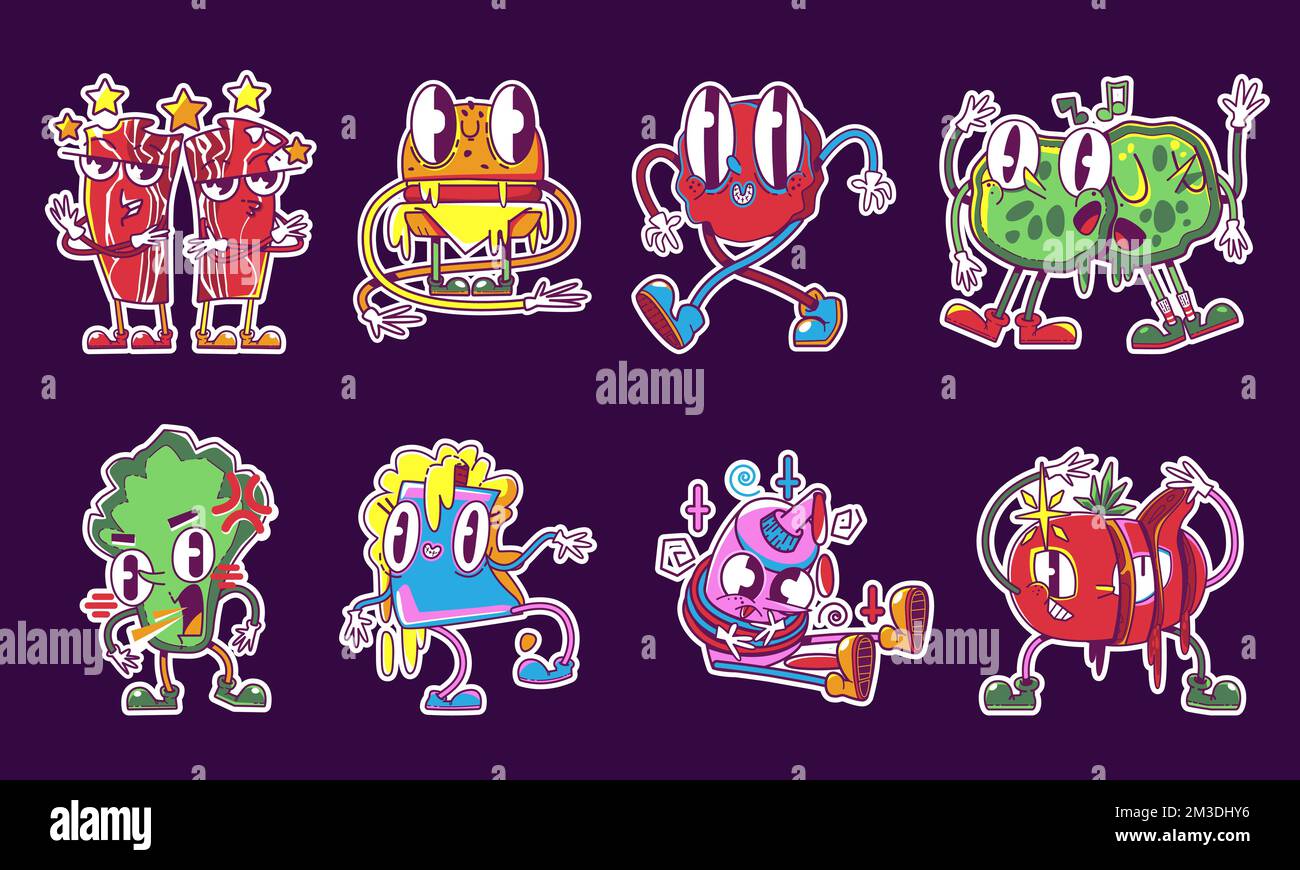 Crazy food retro stickers set isolated on background. Contemporary