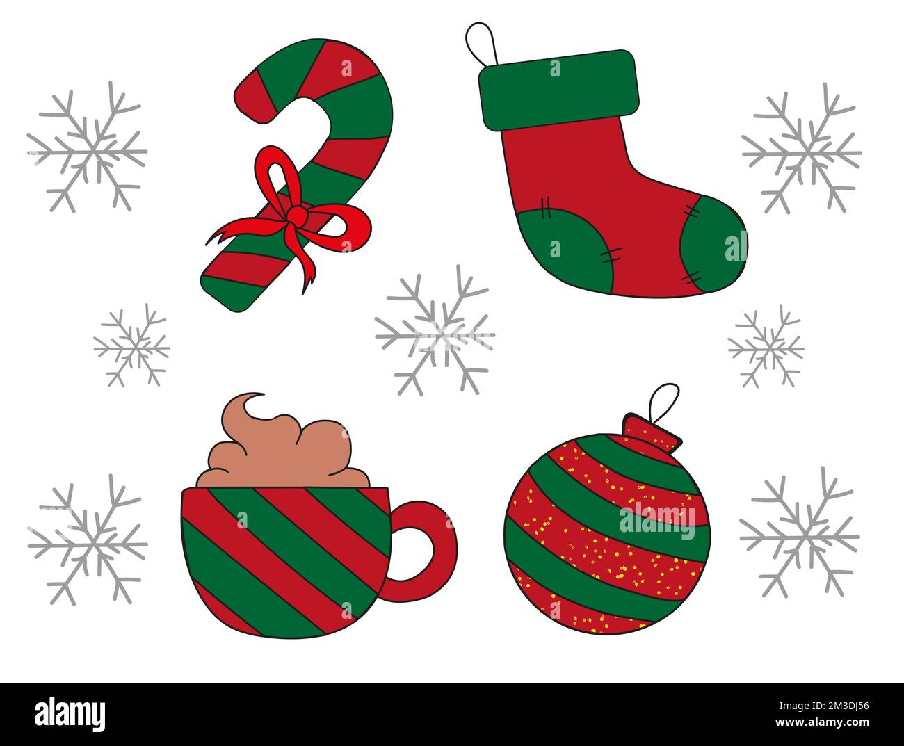 Set of Christmas attributes icons. Candy cane red and green with ribbon