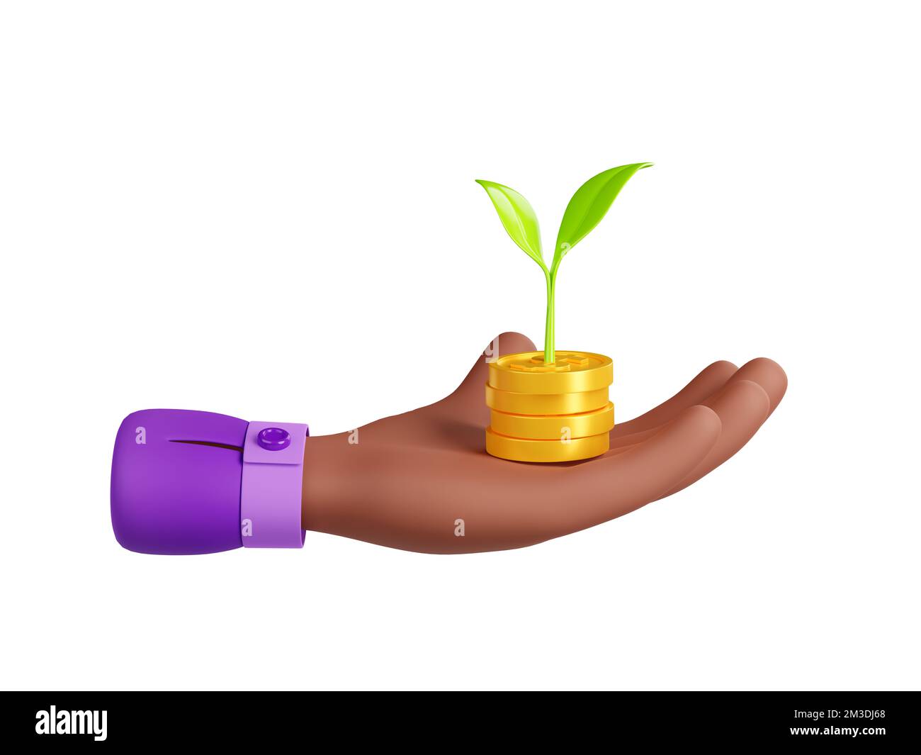 3d render black hand with golden coin stack and growing sprout. Money