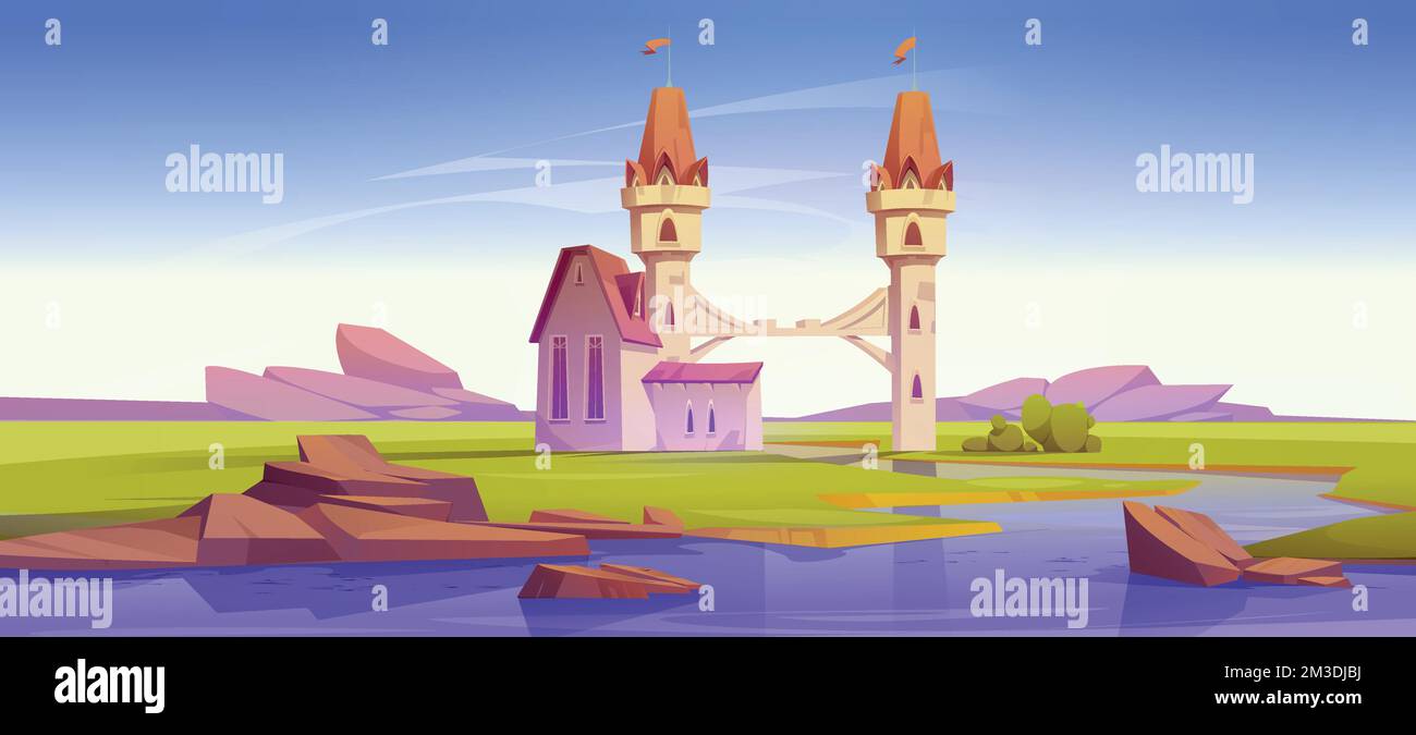 Fantasy medieval castle with bridge over river between towers. Summer countryside landscape with water stream, stones, green grass and mansion with turrets, vector cartoon illustration Stock Vector
