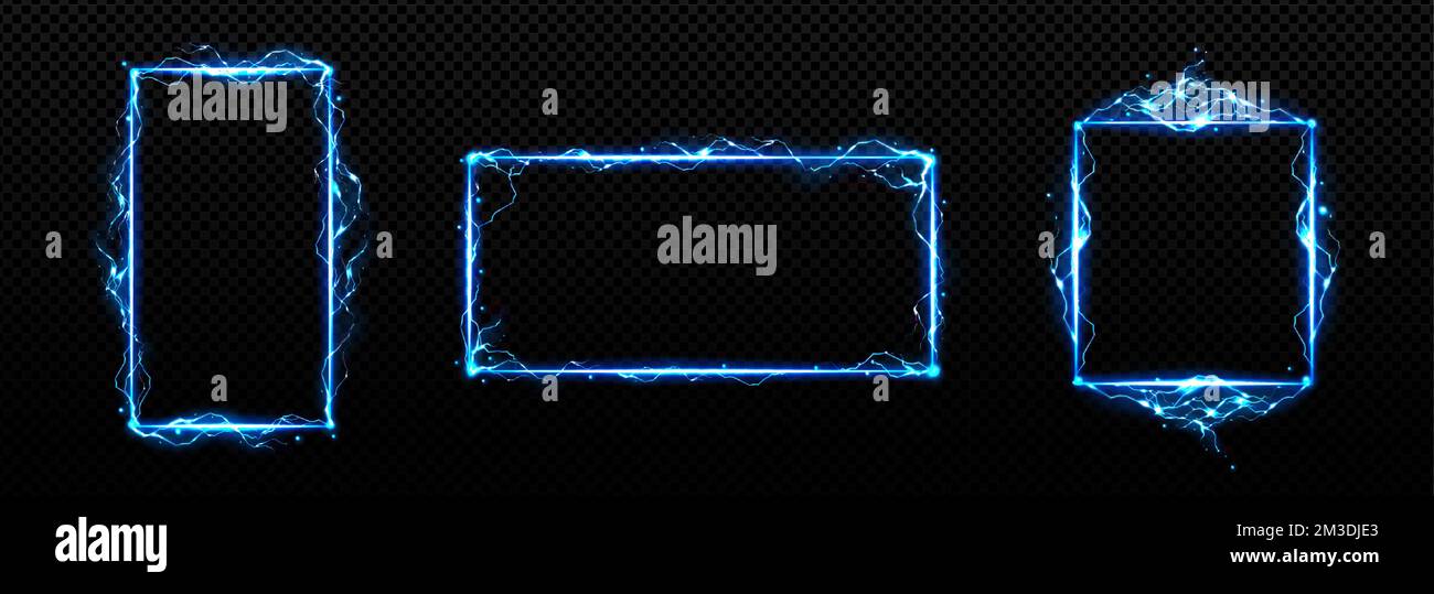 Lightning frames, blue electric borders of rectangular and square shapes with thunder bolt