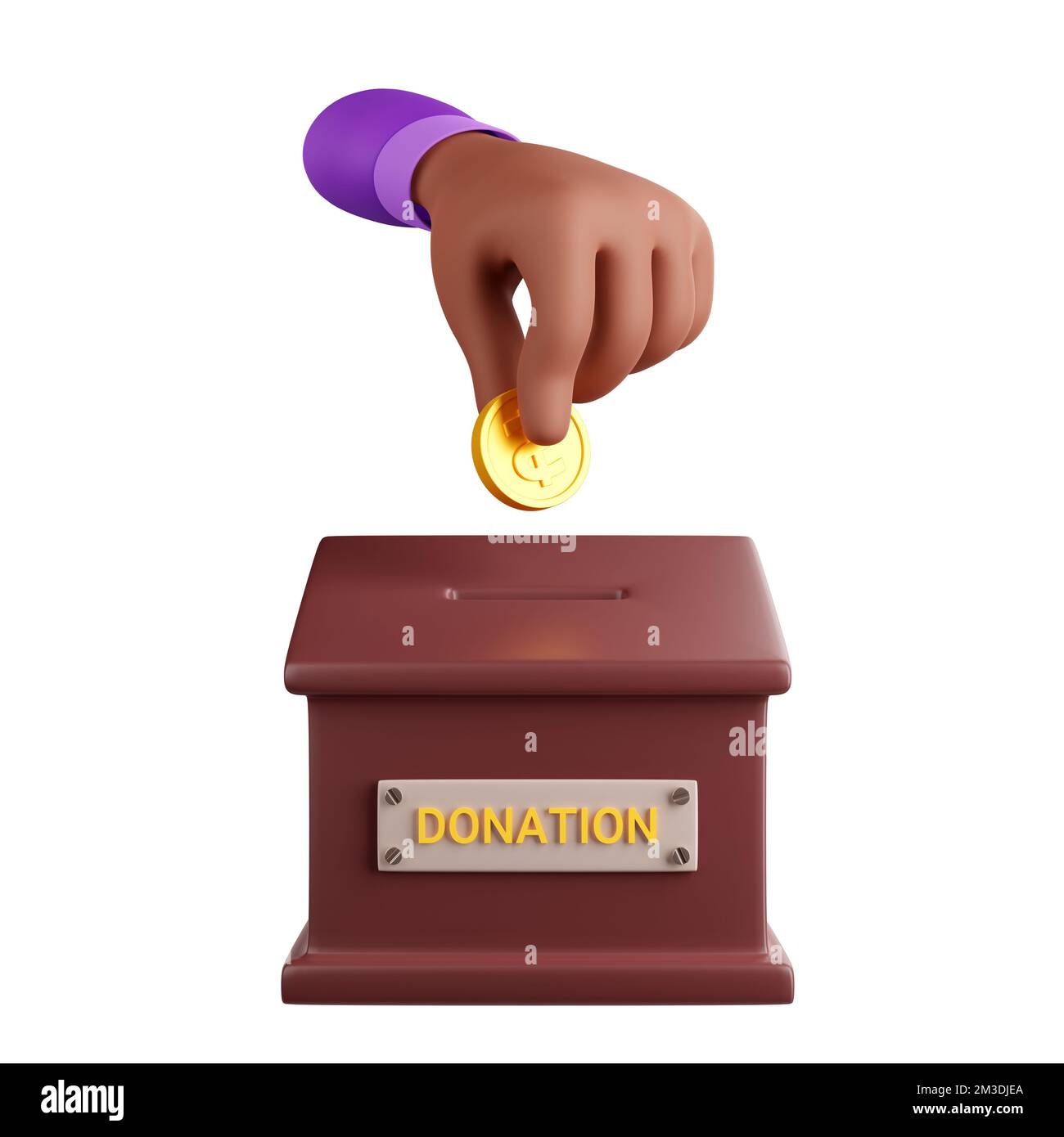 3D render hand putting coin in donation box isolated on white