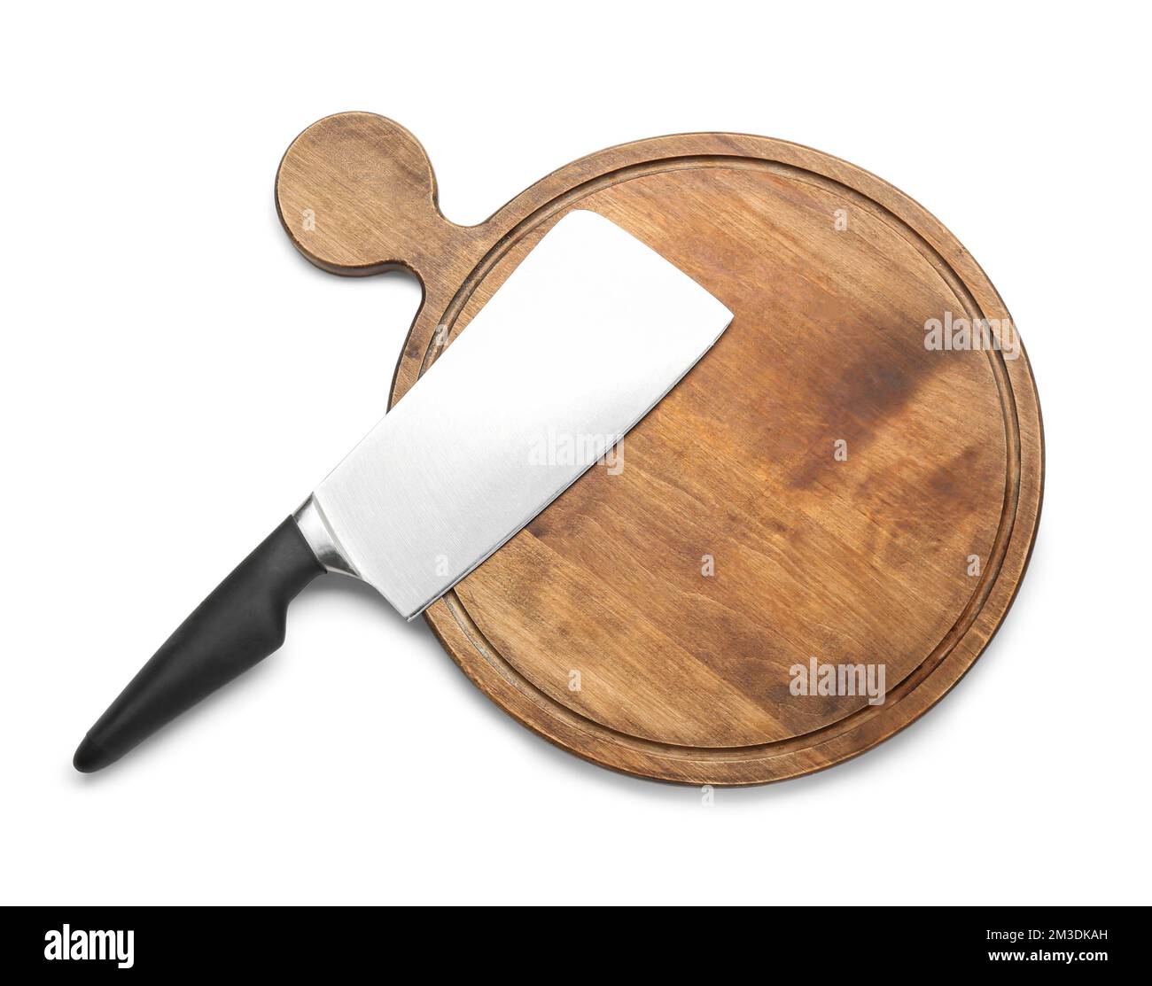 Meat cleaver with chopping board on white background Stock Photo Alamy