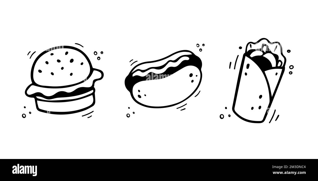 Hand drawn fast food icons. Sketch of snack elements. Fast food ...