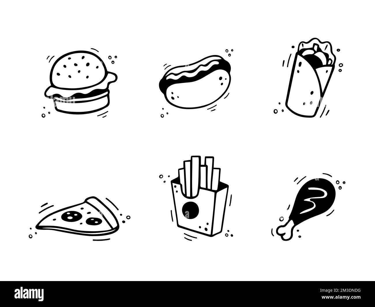 Hand drawn fast food icons. Sketch of snack elements - burger, French fries box, pizza, doner, chicken leg. Fast food illustration in doodle style. Fa Stock Vector