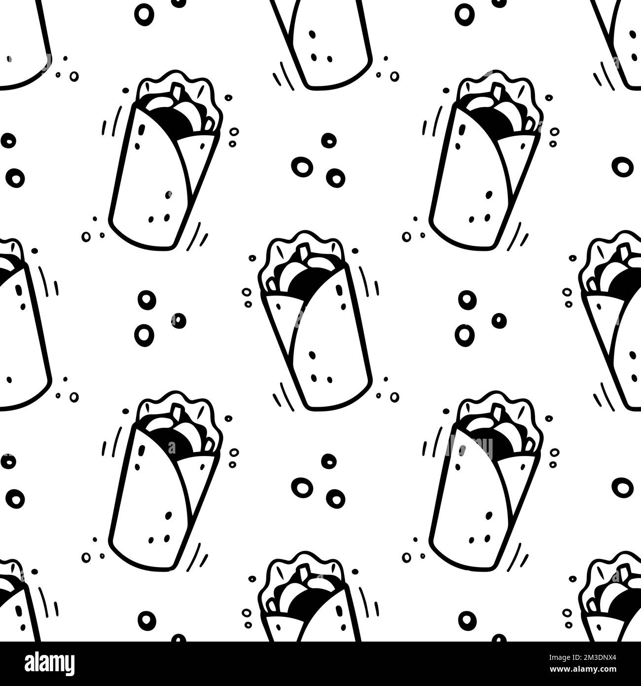 Hand drawn fast food shawarma, burrito, twister seamless pattern. Comic doodle sketch style. Vector Fast food illustration. Sketch of doner, burrito. Stock Vector