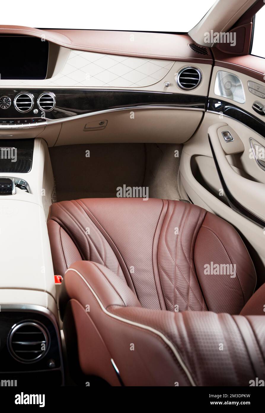 Modern luxury car Interior - steering wheel, shift lever and dashboard ...
