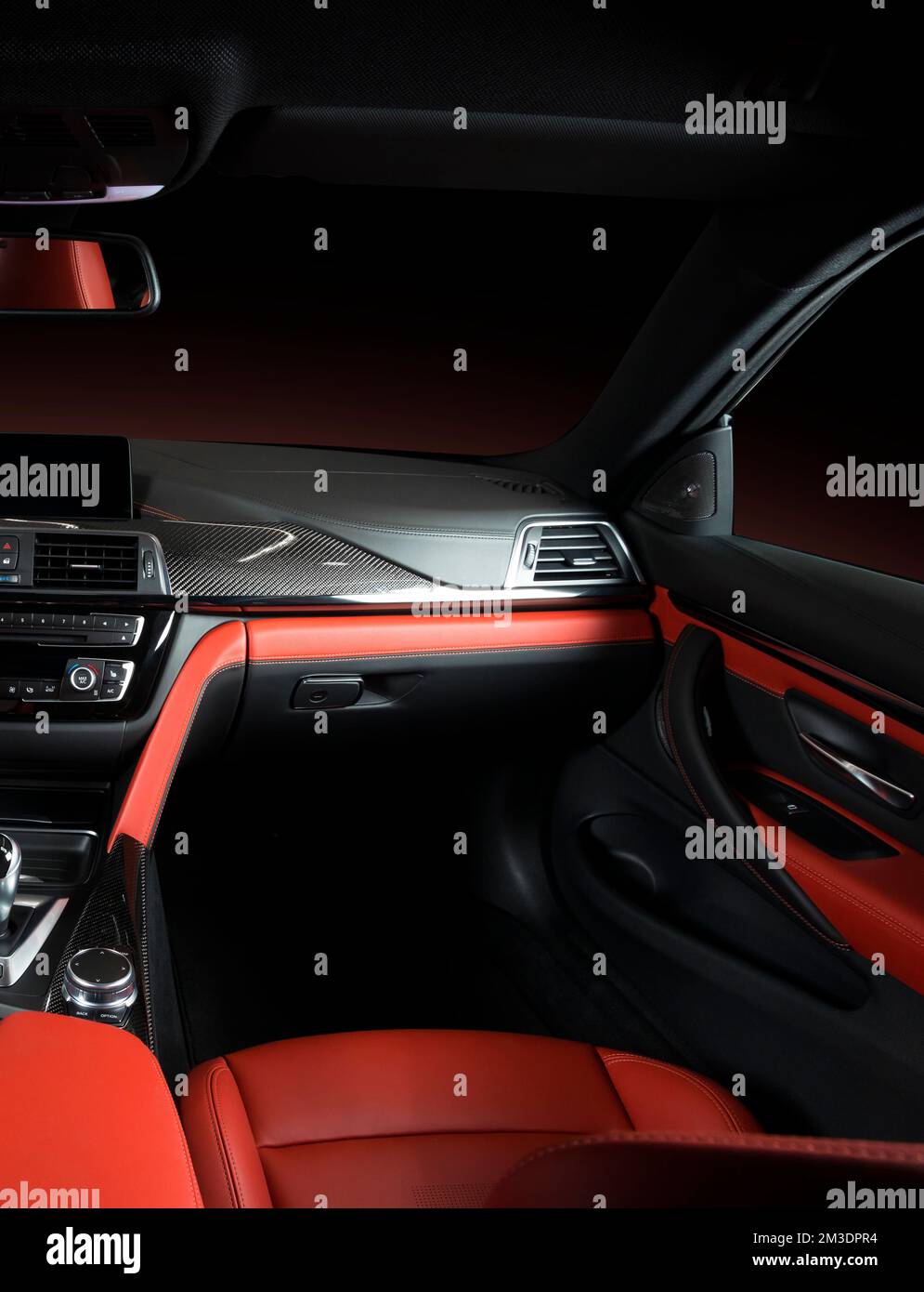 Modern luxury car Interior steering wheel, shift lever and dashboard