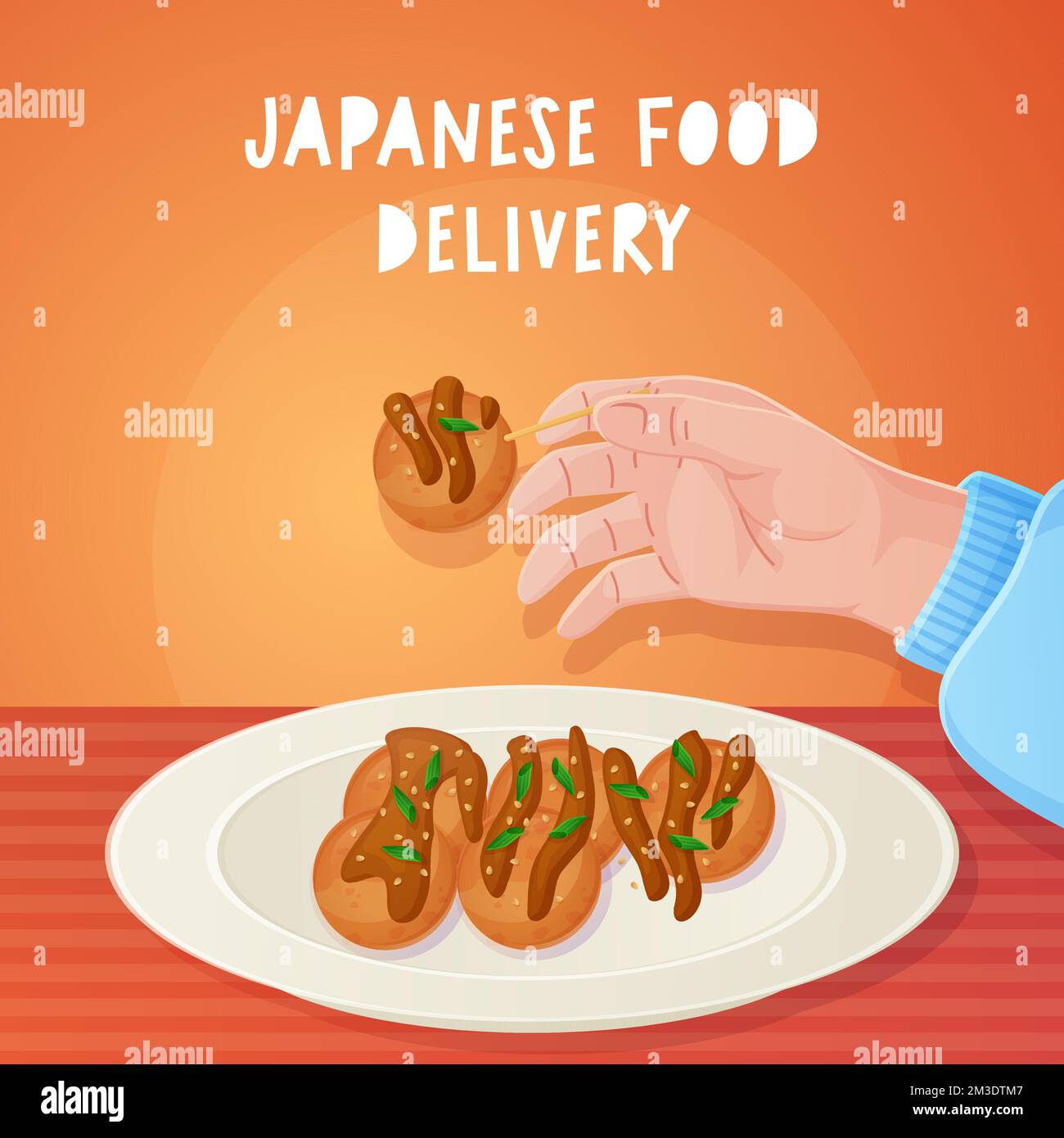 Hand get takoyaki from the plate. Japanese food delivery Stock Vector