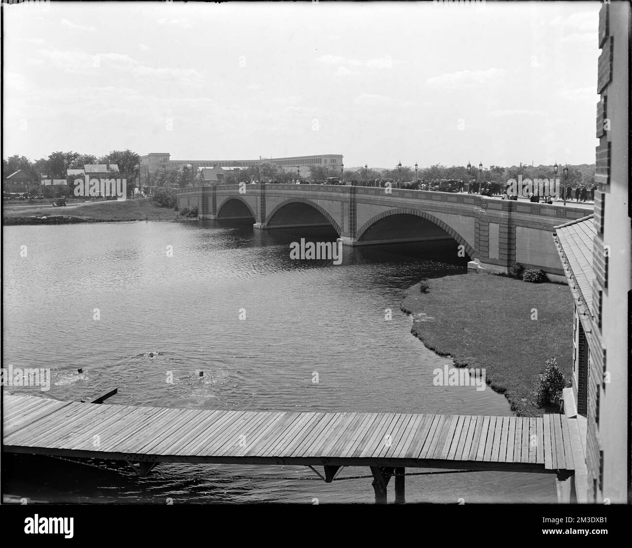 Larz Anderson Bridge and Harvard Stadium, from Cambridge , Bridges, Rivers.  Leon Abdalian Collection Stock Photo