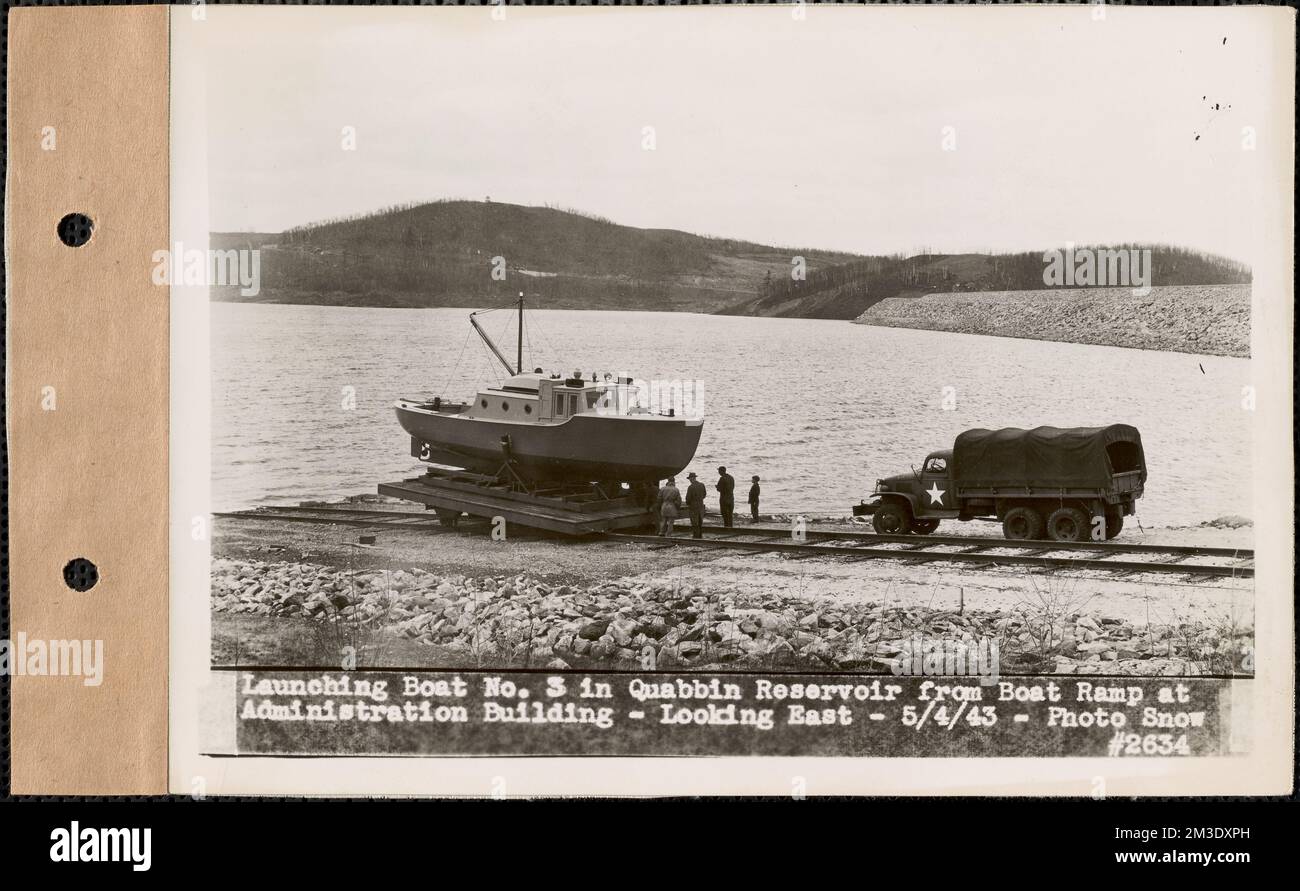 Launching boat 3 in Quabbin Reservoir from boat ramp at Administration