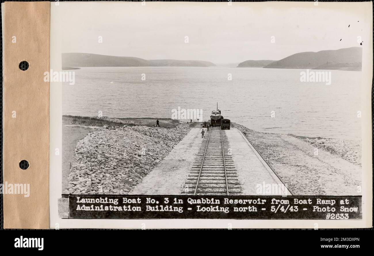 Launching boat 3 in Quabbin Reservoir from boat ramp at Administration