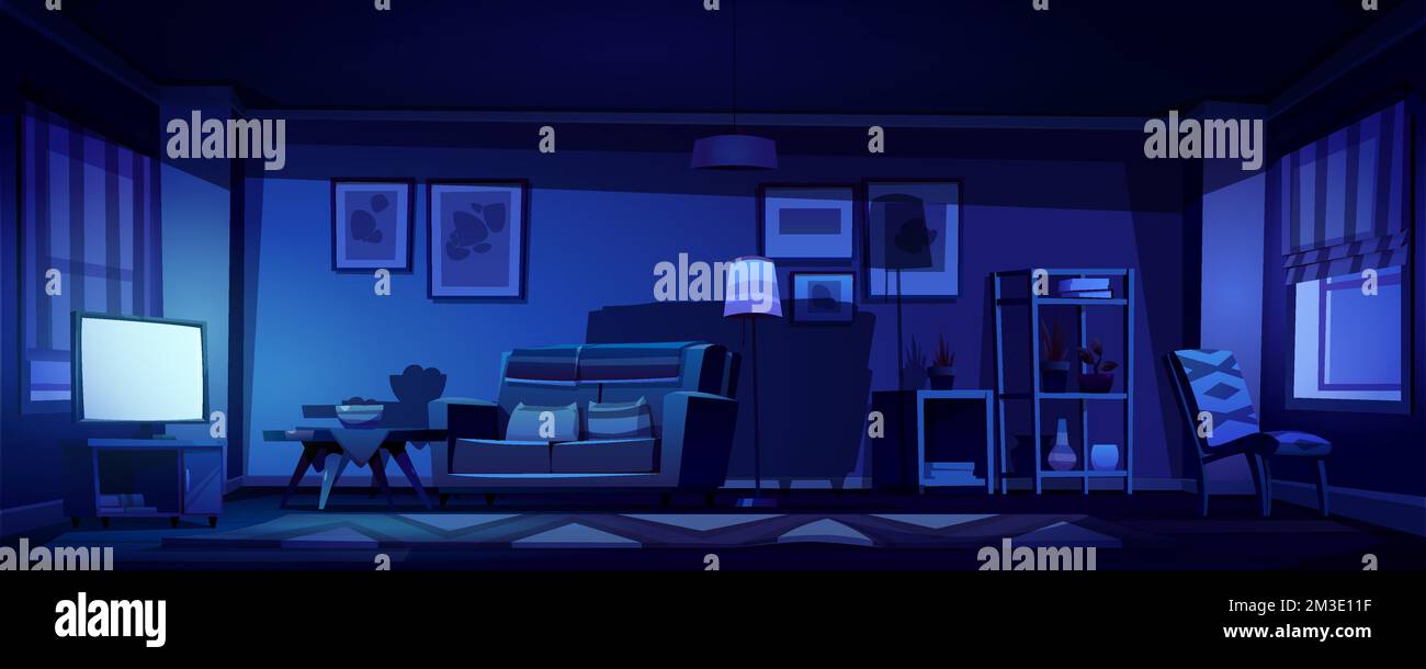 Living room interior in boho style with glowing tv screen at night