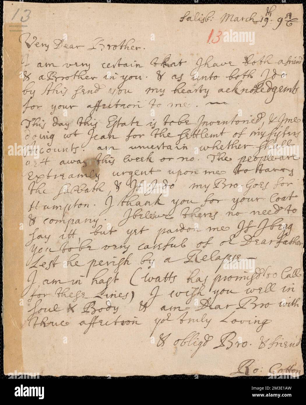 Letter from Rowland Cotton, Salisbury, to Richard Saltonstall, Haverhill, 1696/1697 March 19 , Massachusetts, History, Colonial period, ca. 1600-1775, Puritans, Cotton family, Prince family. Thomas Prince Library and Collection of the Old South Church Stock Photo