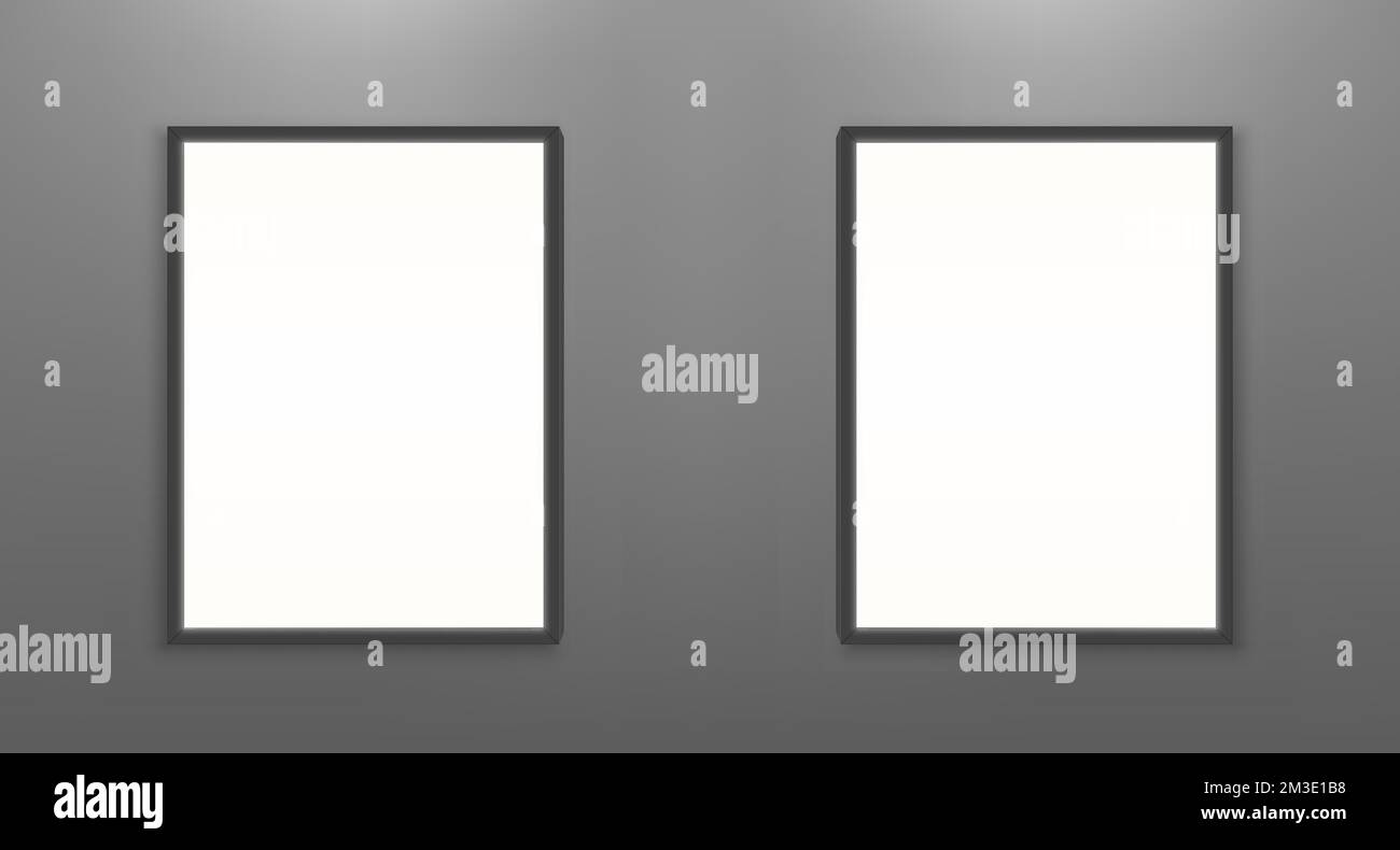 Blank movie posters mockup. White picture frames on gray wall background in cinema, theater, museum or gallery. Empty advertising banners with black border realistic 3d vector illustration, mock up Stock Vector