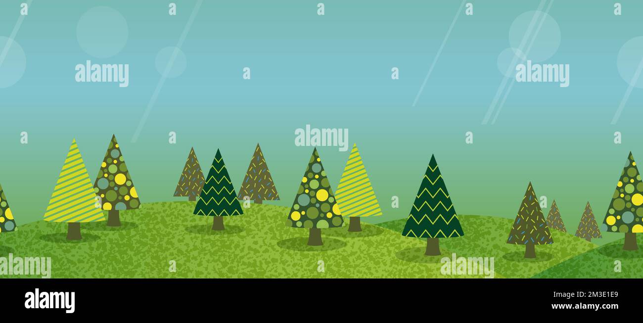 Vector Seamless Hilly Spring Forest Background Illustration With Text Space. Horizontally Repeatable. Stock Vector
