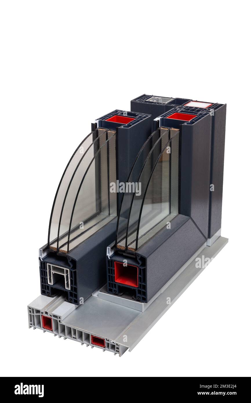 Sample of modern PVC triple-glazed window in the section. Isolated on ...