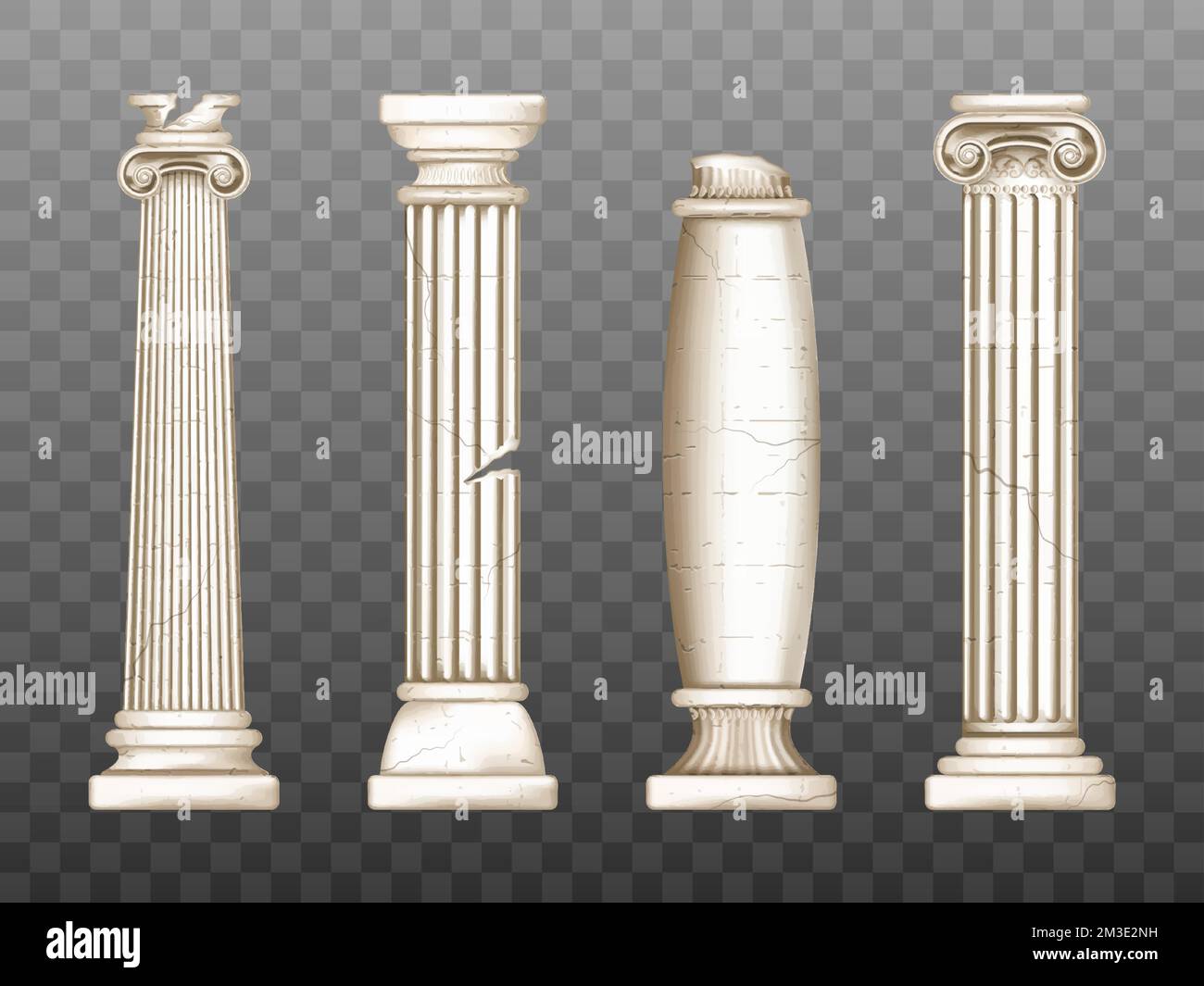 Baroque pillars, roman renaissance columns with cracks. Ancient classic ivory marble, stone greece classic architecture, antique interior colonnade facade design, Realistic 3d vector obelisks set Stock Vector