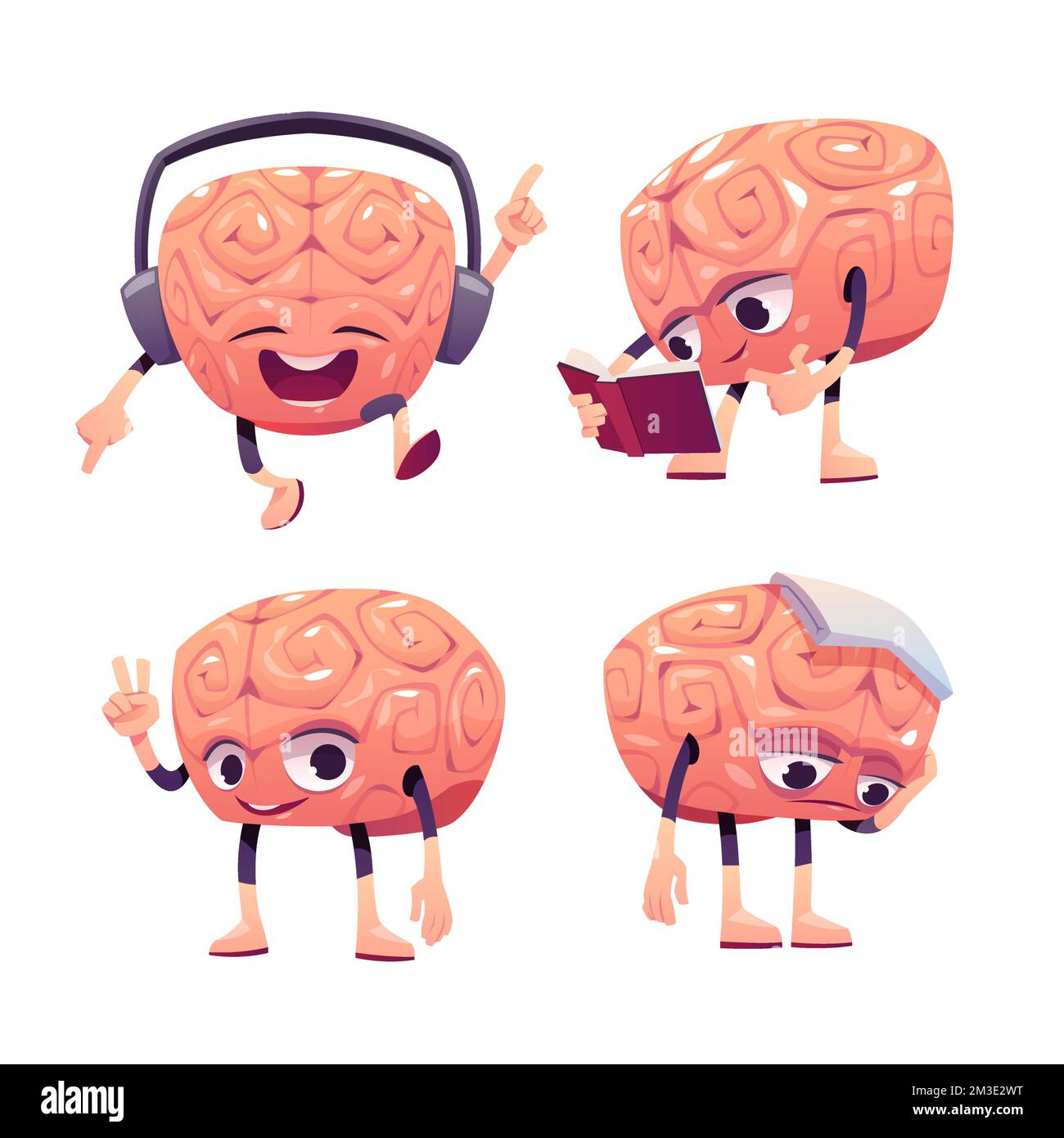 Brain characters, cute cartoon mascot with funny face listening music in headset, reading book, greeting, suffer of headache. Sad, happy, smiling emotions. Vector illustration, isolated icons set Stock Vector