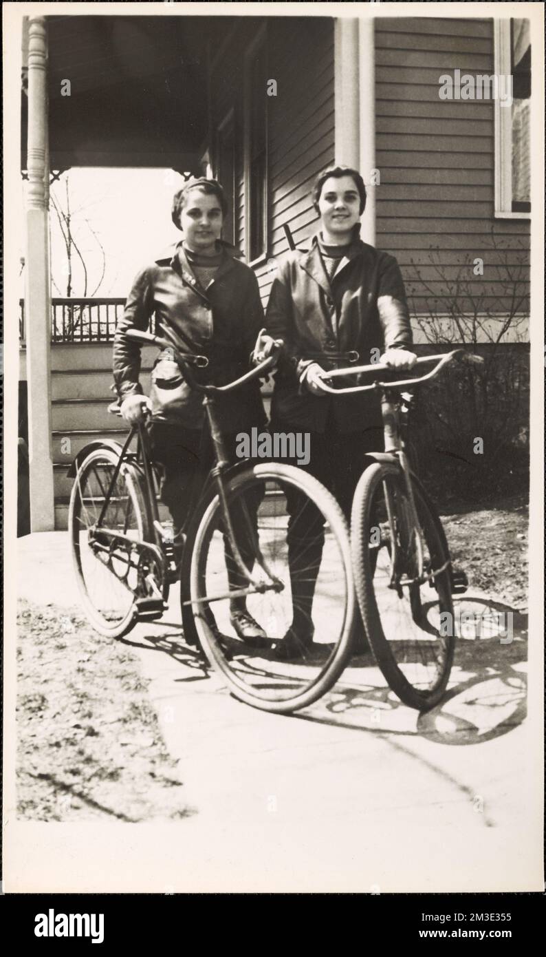 Lillian and Marian go to Westwood, Mass. , Bicycles & tricycles, Families.  Leon Abdalian Collection Stock Photo