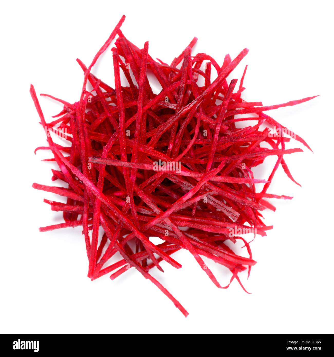 top view of beetroot vegetables julienned for salad isolated on white