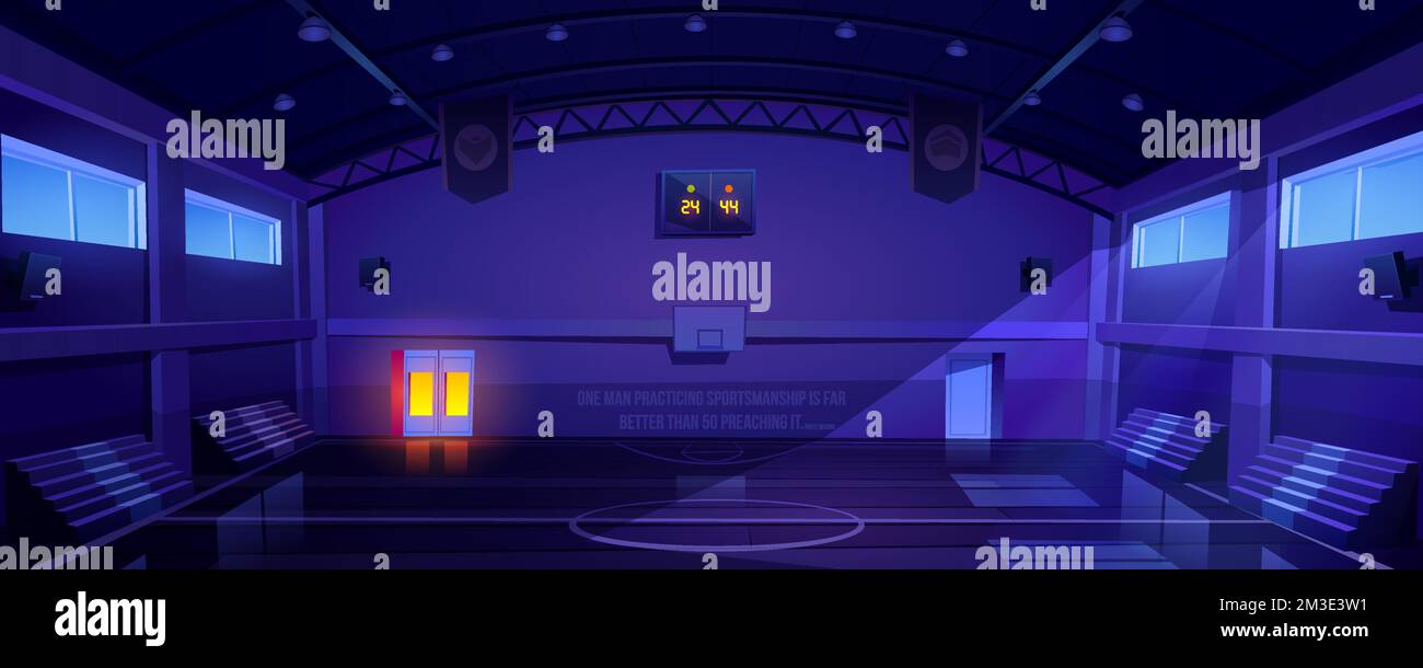 Basketball court interior at night, dark sports arena or hall for team games with hoop