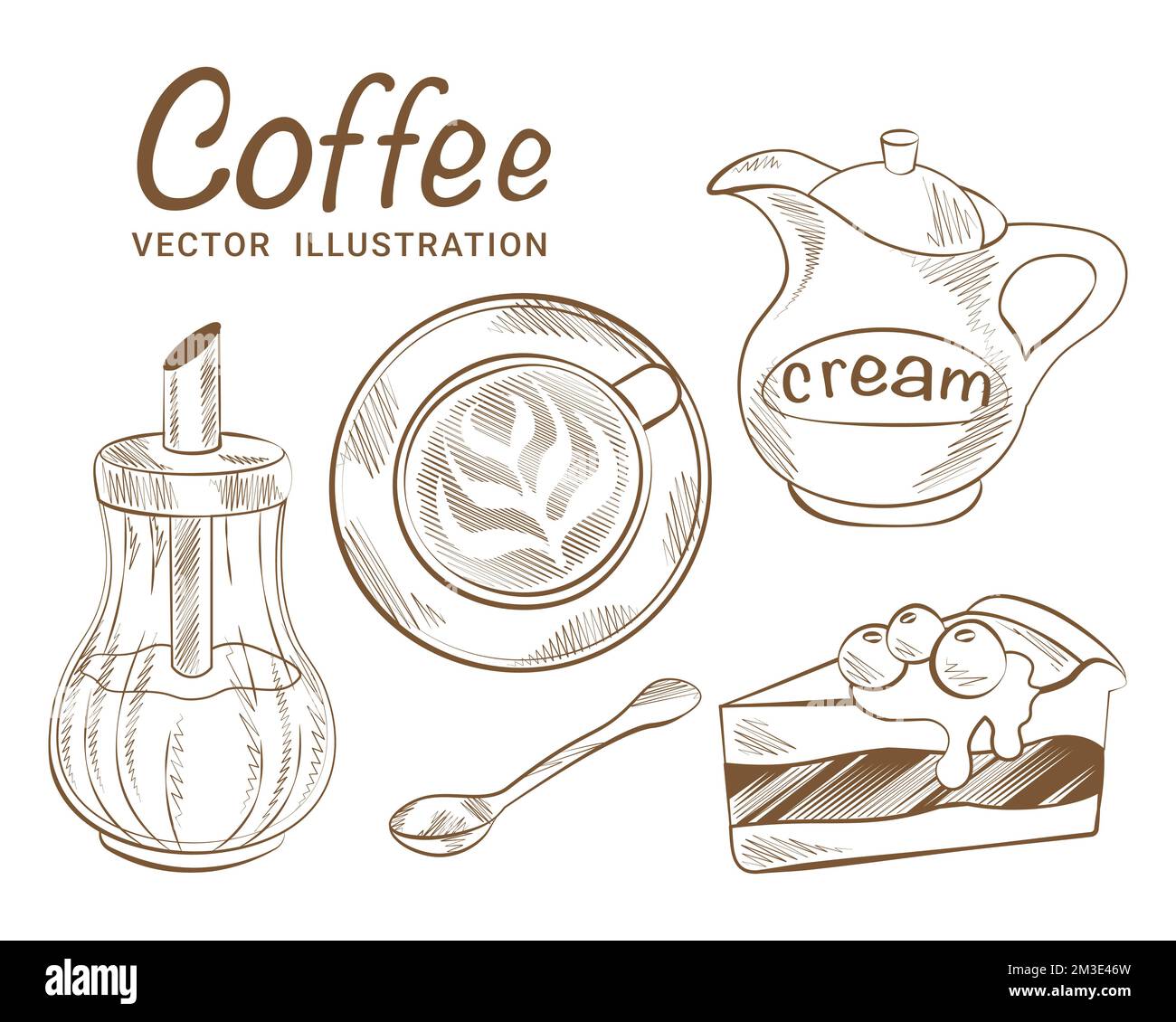 Set of vector drawings coffee cup coffee cream sugar bowl cake coffee