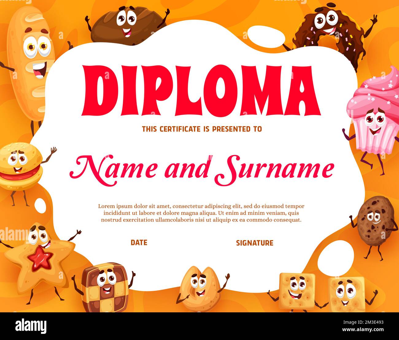 Kids diploma. Bakery, pastry, cakes and cookie personages. Elementary