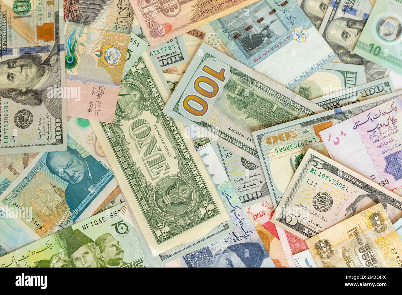 A collection of various currencies from countries Stock Photo