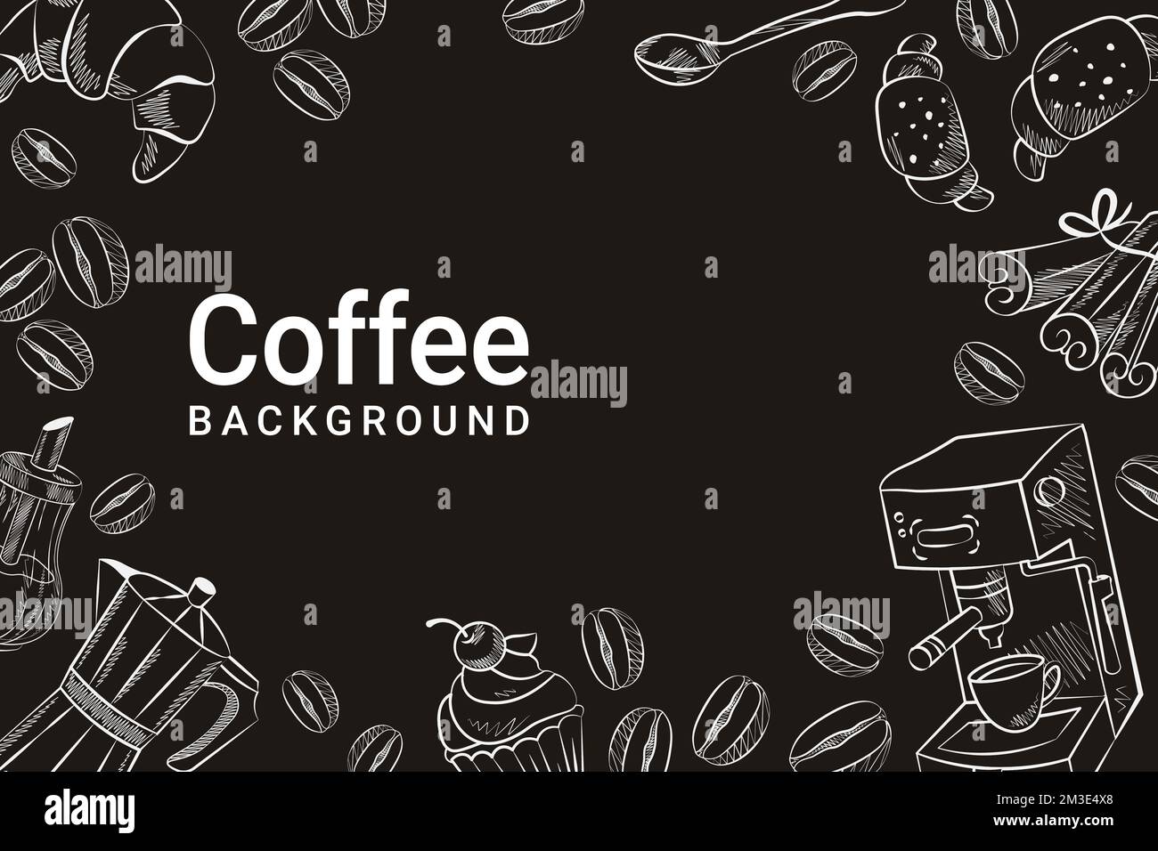 background coffee with hand drawings coffee machine grains Stock Vector