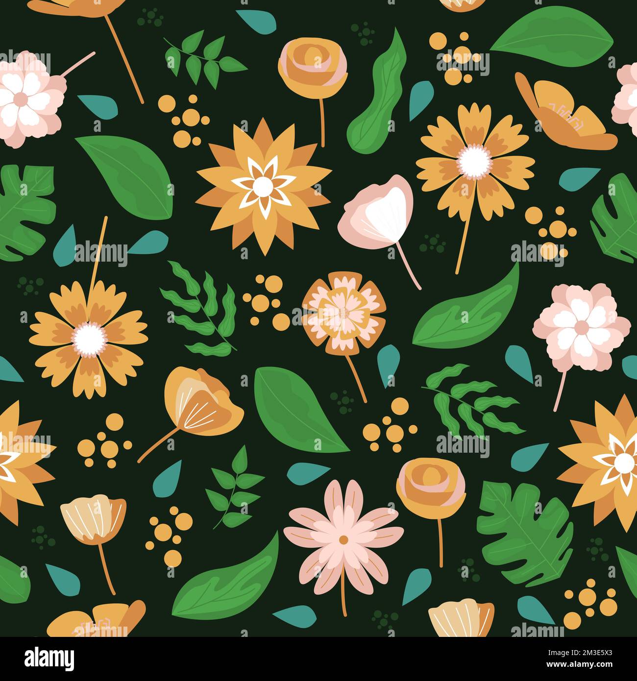 Floral Flower Nature Dark Background Seamless Pattern Wallpaper Stock Vector