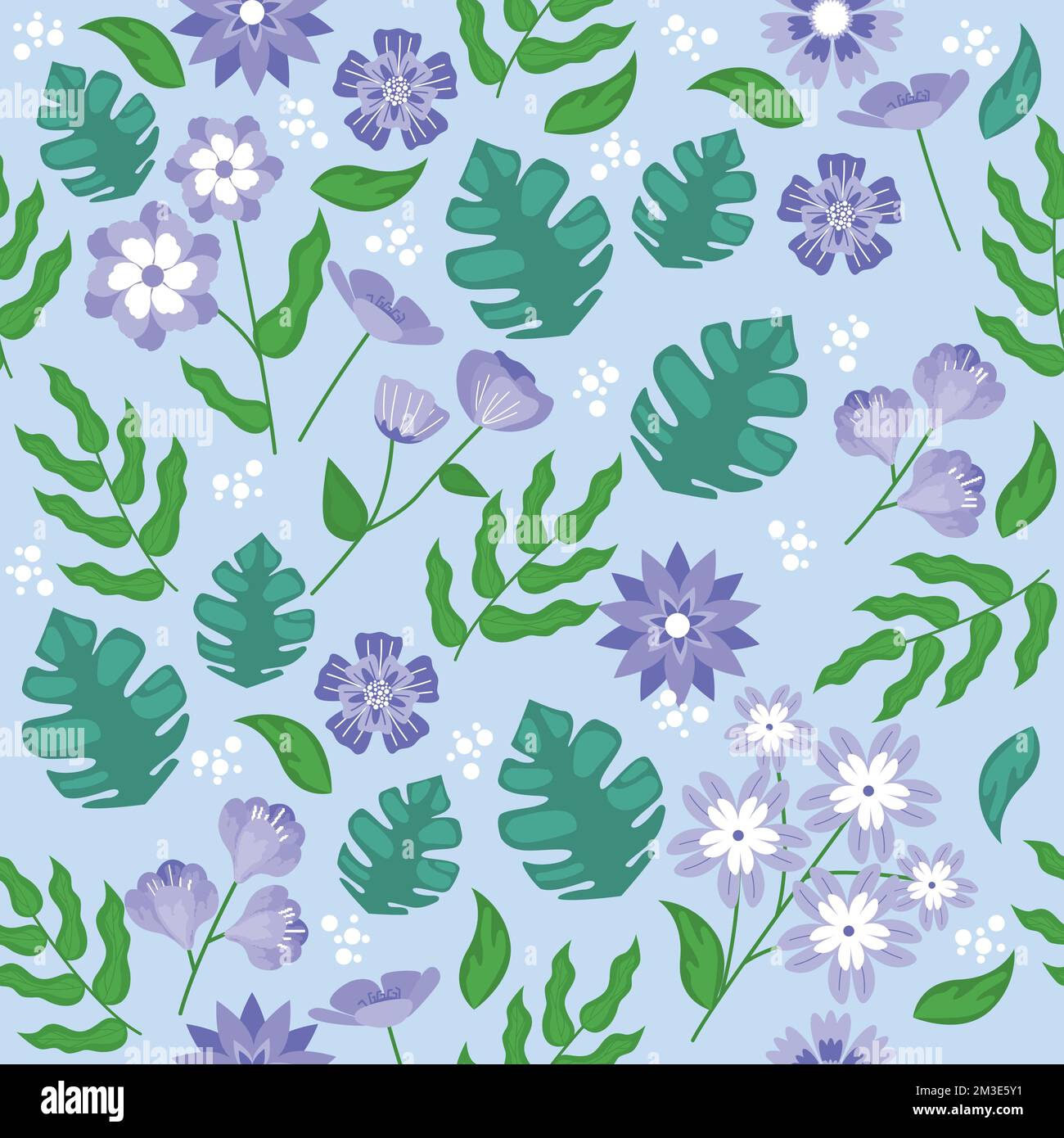 Floral Flower Nature Blue Background Seamless Pattern Wallpaper Stock Vector