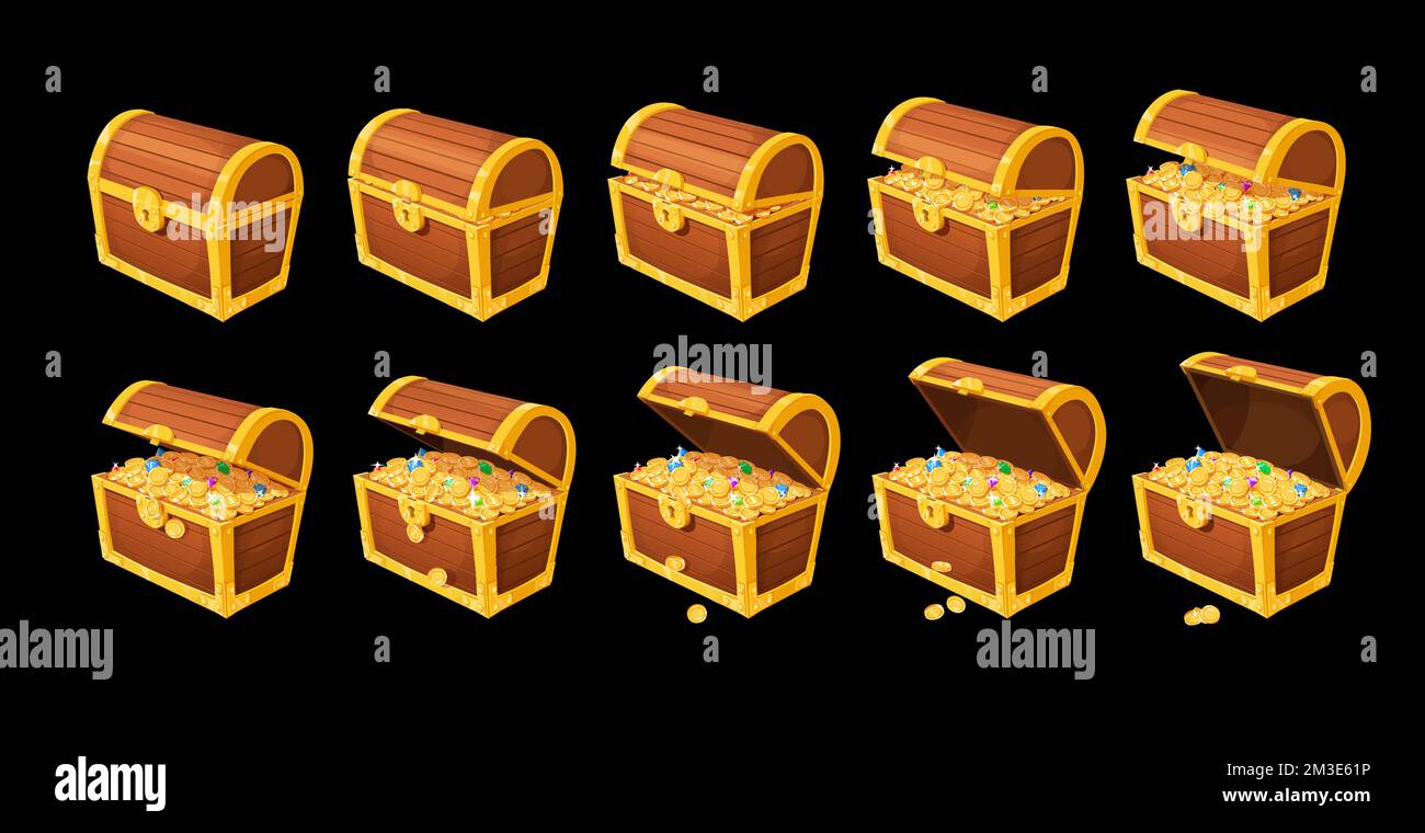 Cartoon treasure chest box animation. Golden coins and gemstones in