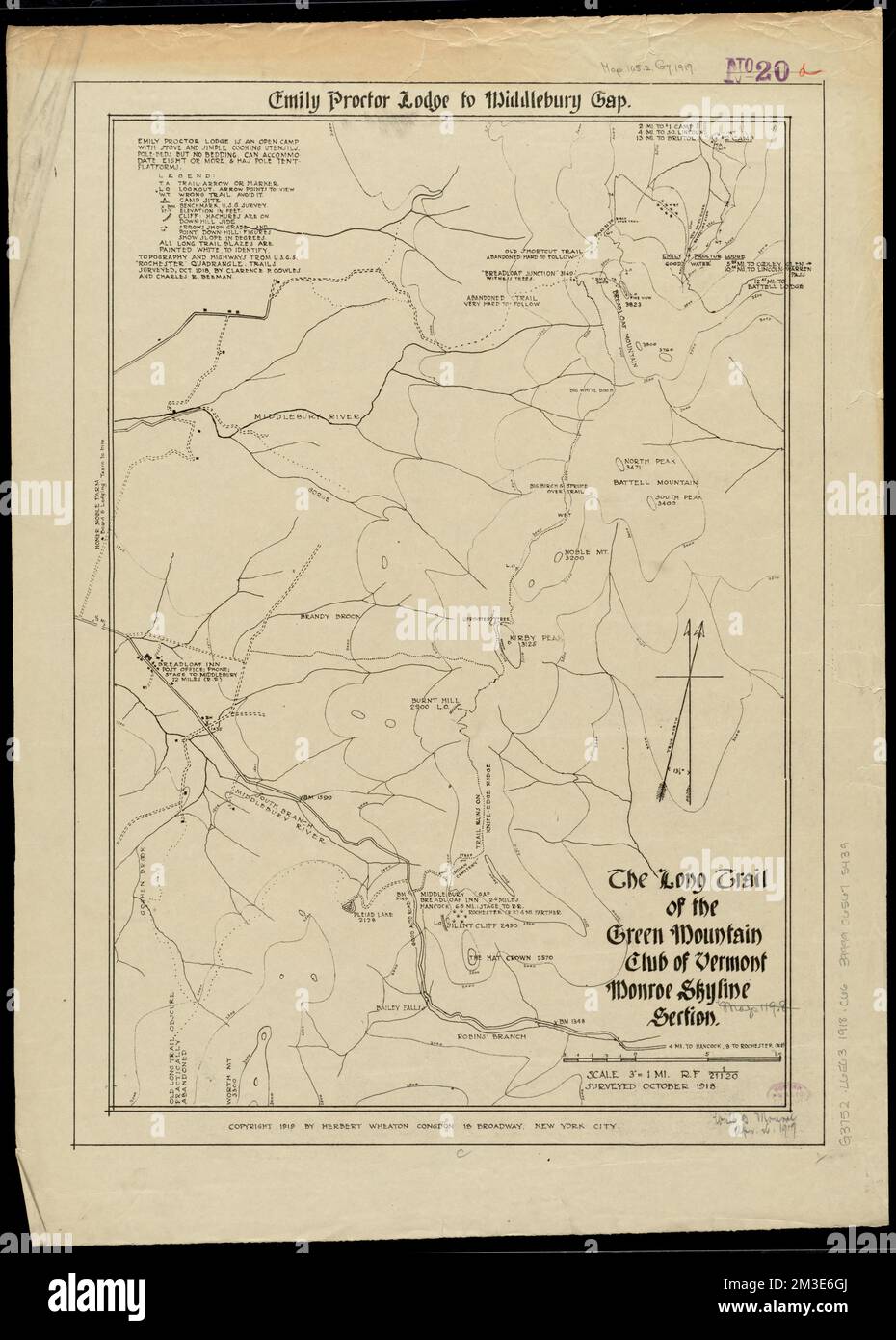 The Long Trail of the Green Mountain Club : Monroe Skyline Section : Emily Proctor Lodge to Middlebury Gap , Trails, Vermont, Maps, Hiking, Vermont, Maps, Long Trail Vt., Maps Norman B. Leventhal Map Center Collection Stock Photo