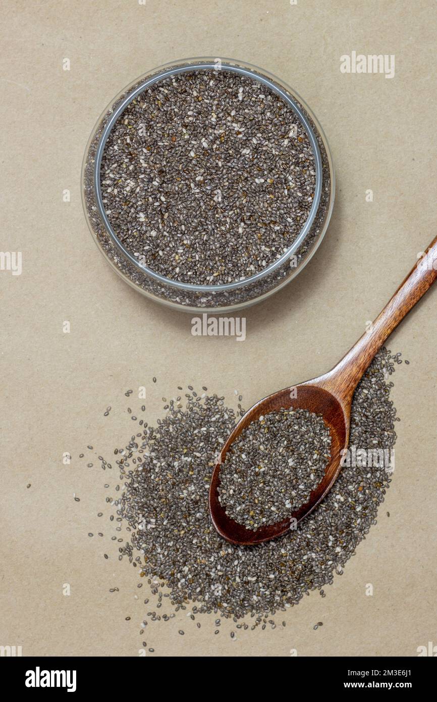 Healthy food, Chia seeds or superfood in glass jar and wooden spoon on ...