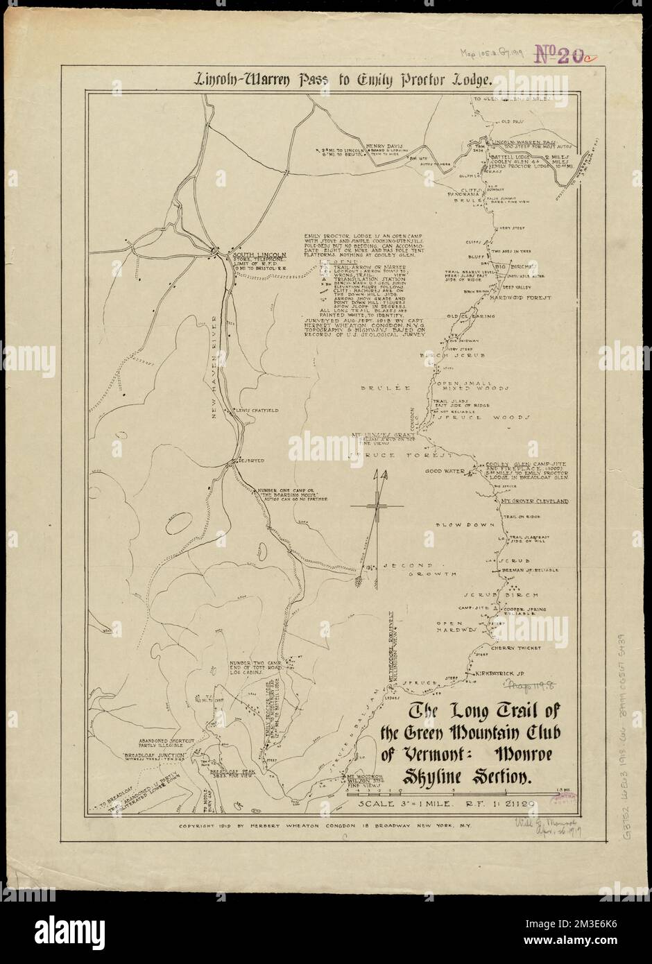 The Long Trail of the Green Mountain Club : Monroe Skyline Section : Lincoln-Warren Pass to Emily Proctor Lodge , Trails, Vermont, Maps, Hiking, Vermont, Maps, Long Trail Vt., Maps Norman B. Leventhal Map Center Collection Stock Photo