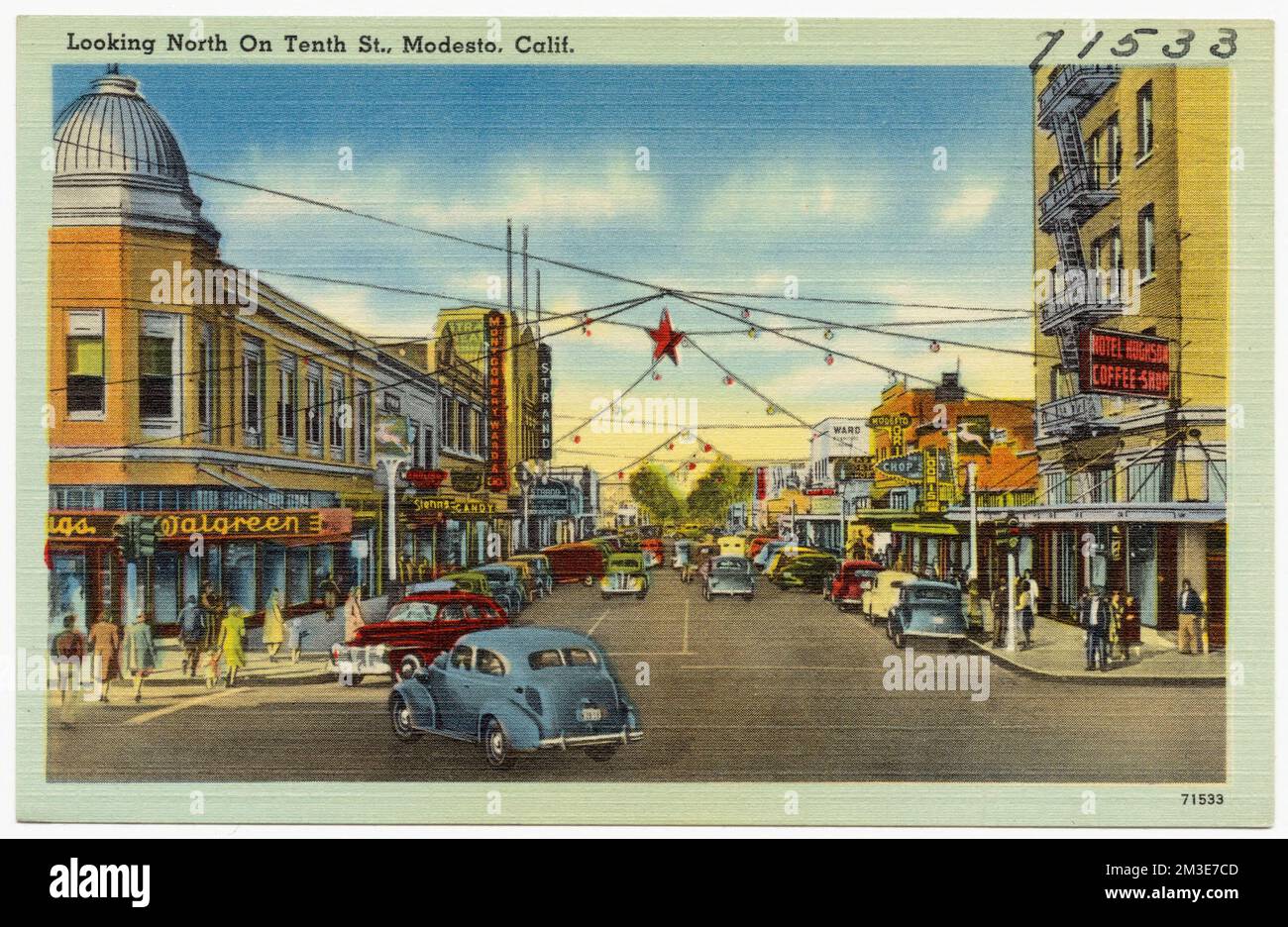 Looking North on Tenth St., Modesto, Calif. , Cities & towns, Tichnor Brothers Collection, postcards of the United States Stock Photo