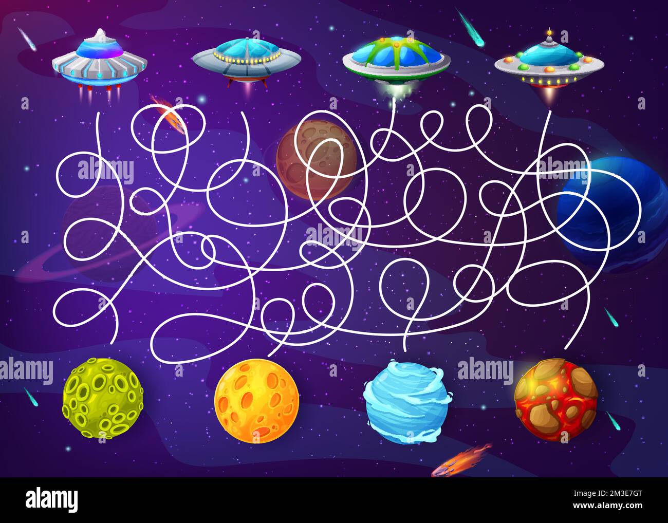 Cartoon space labyrinth, help ufo to find the maze game vector worksheet. Kids education