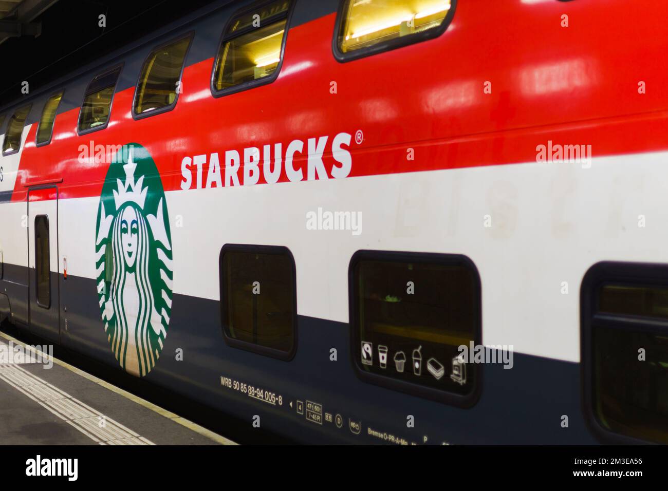 GENEVA - SEP 15: Starbucks cafe train coach on September 15, 2014 in Geneva, Switzerland. Starbucks is the largest coffeehouse company in the world, w Stock Photo
