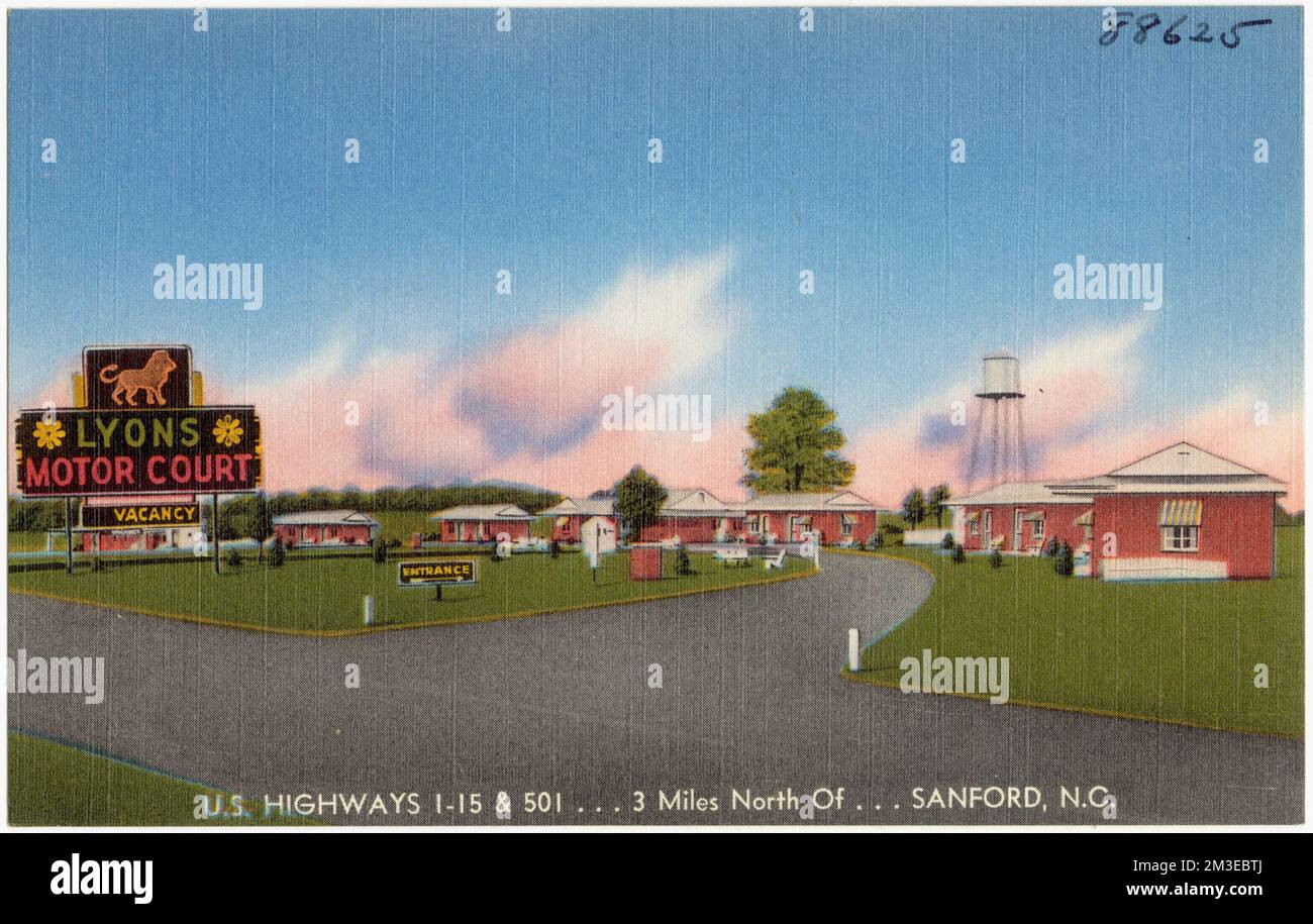 Lyons Motor Court, U.S. Highways 1 - 15 & 501... 3 miles north of... Sanford, N.C. , Motels, Tichnor Brothers Collection, postcards of the United States Stock Photo