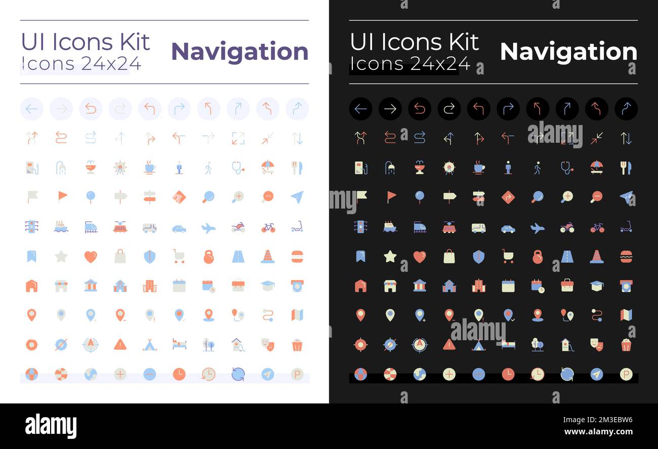 GPS and navigation flat color ui icons set for dark, light mode Stock Vector