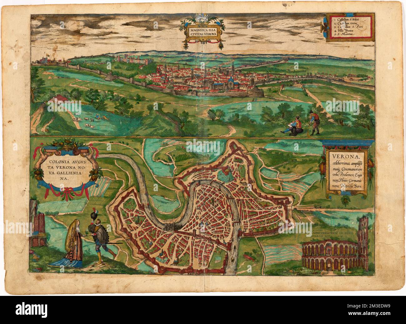 Magnifica illa civitas Verona ; Colonia augusta Verona nova gallieniana.  View at top includes index. Map at bottom is illustrated with a vignette of  the Amphitheatrum in Foro Boario situm, and two