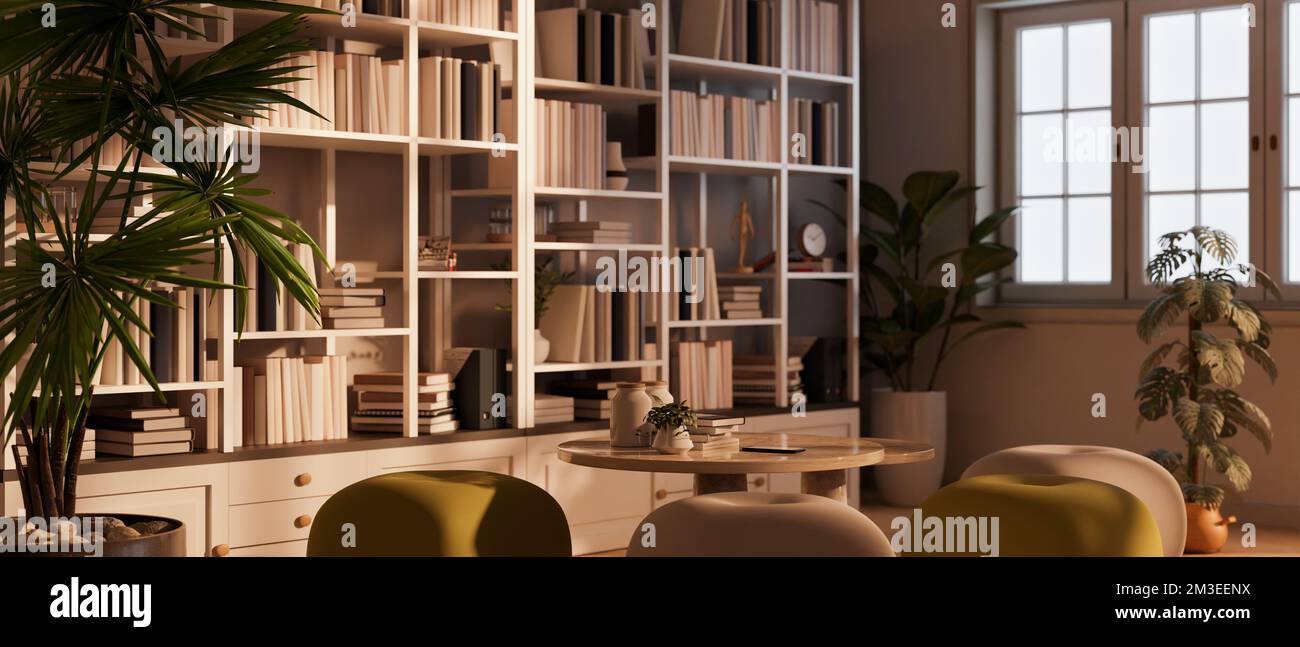 Contemporary and comfortable reading room interior design with table