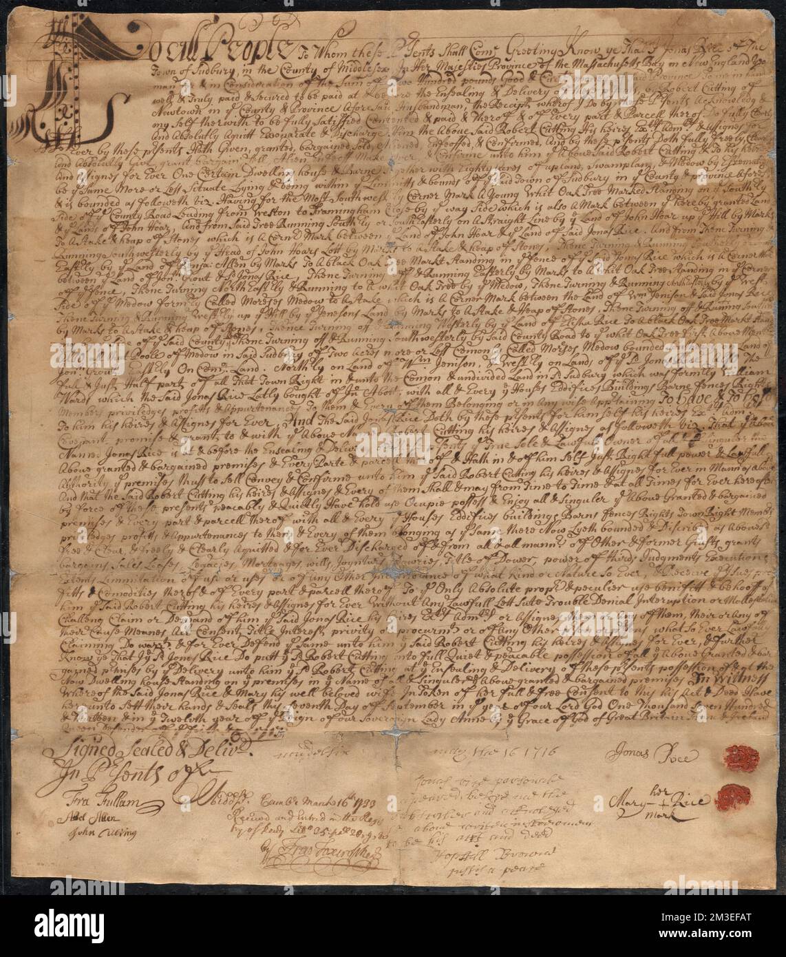 Mainstone Farm deed from Jonas Rice to Robert Cutting , Farms. Wayland