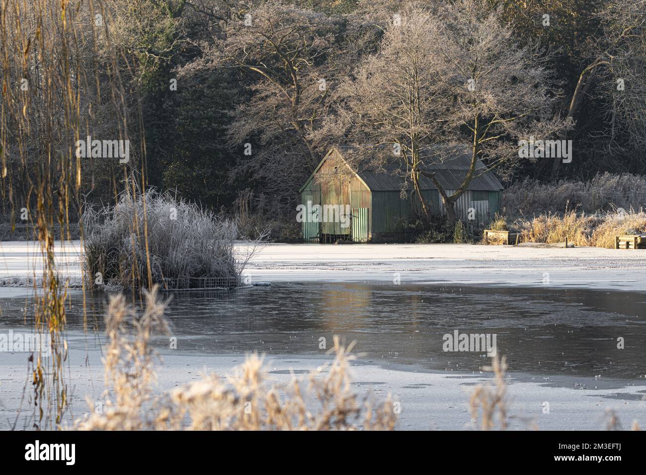 A winter view across a frozen pond towards an old corrugated metal boat house. Taken after a heavy frost Stock Photo