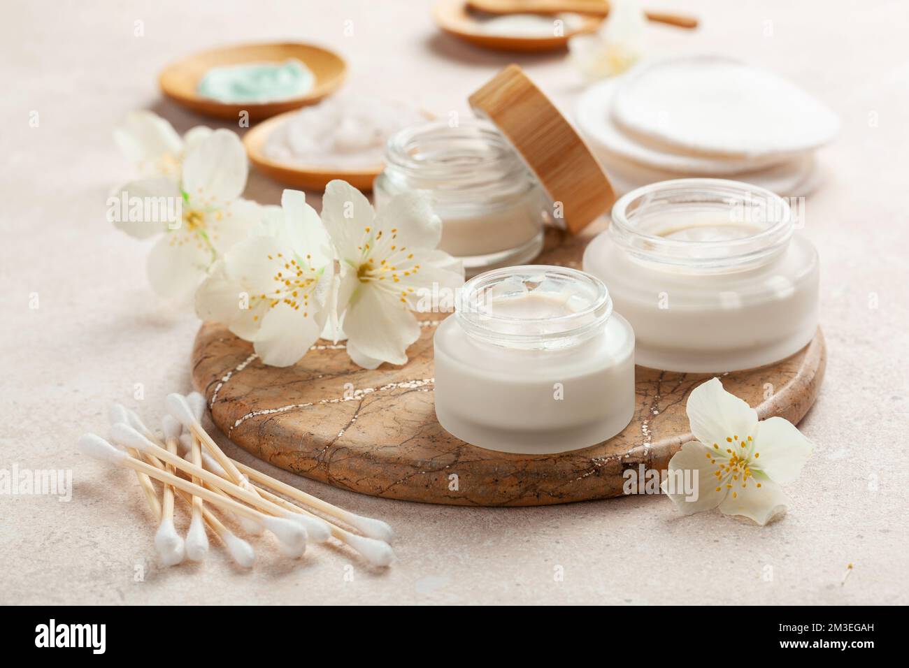 skincare products and jasmine flowers. zero waste eco friendly natural cosmetics for home spa Stock Photo
