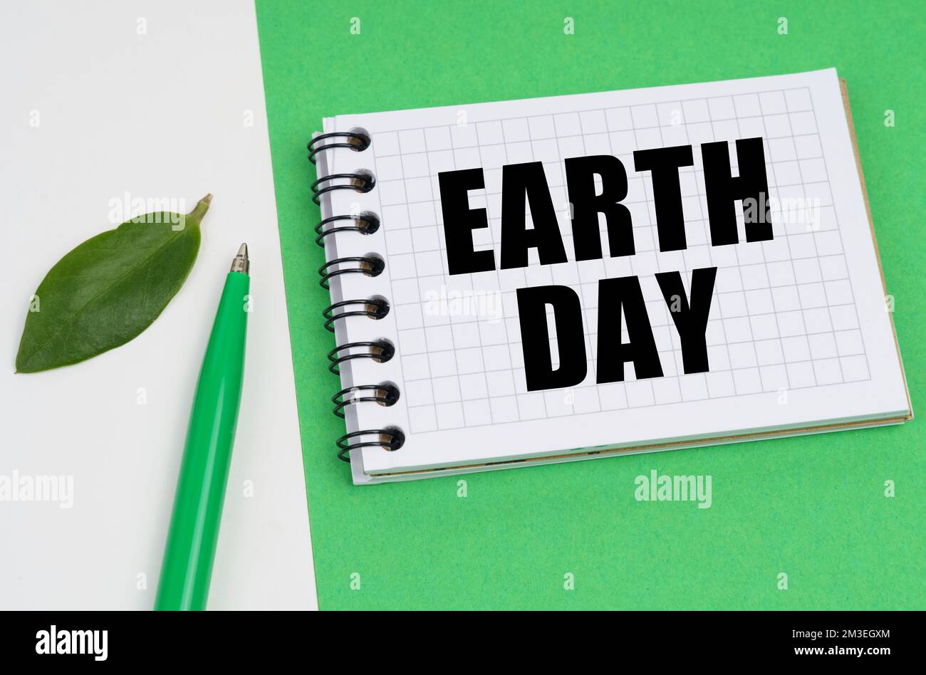 Ecological concept. On a white-green background lies a pen, a leaf of a ...
