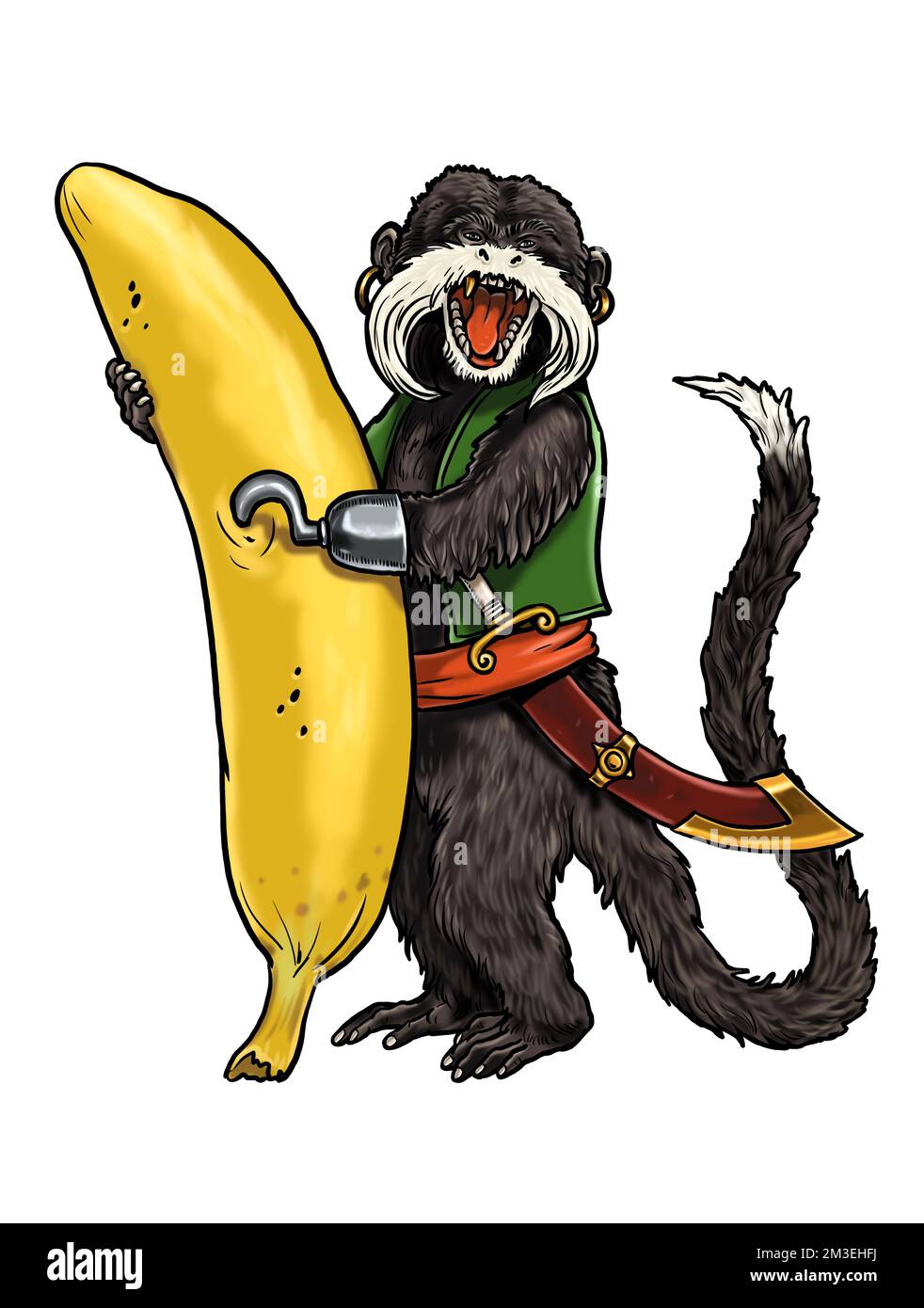 Tamarin with banana coloring page. Funny outline clipart illustration. Monkey and apes pirates coloring sheet. Stock Photo
