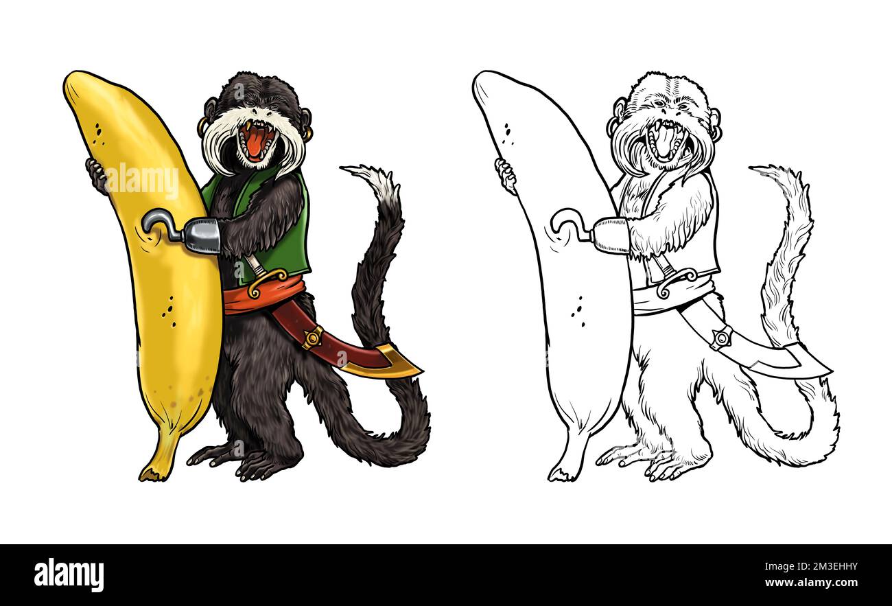 Tamarin with banana coloring page. Funny outline clipart illustration. Monkey and apes pirates coloring sheet. Stock Photo