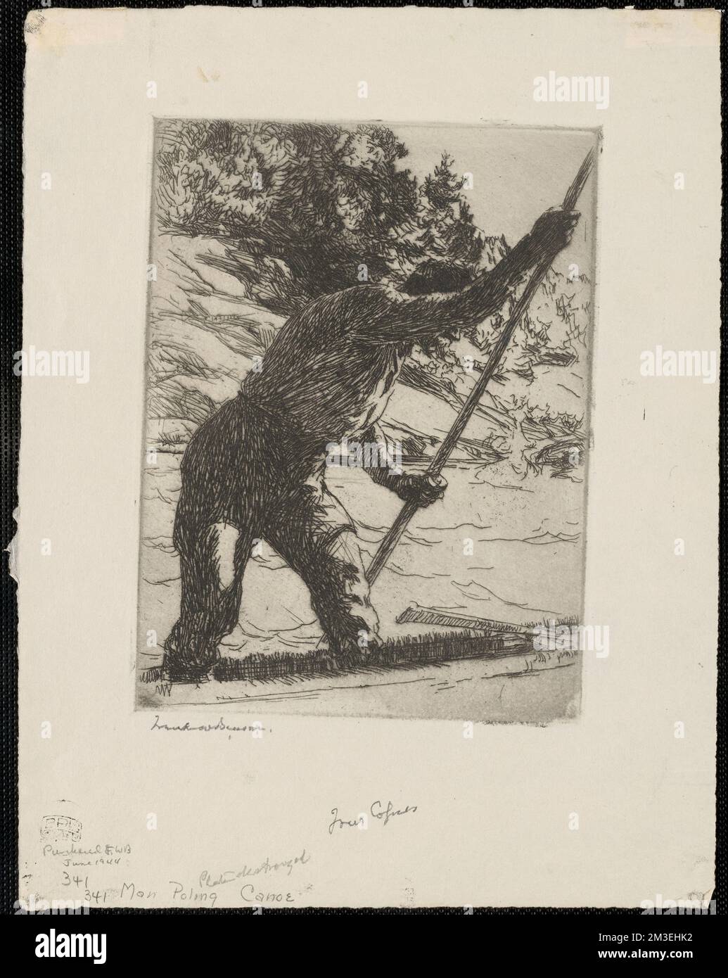 Man poling canoe , Canoes, Bodies of water, Shrubs. Frank W. Benson